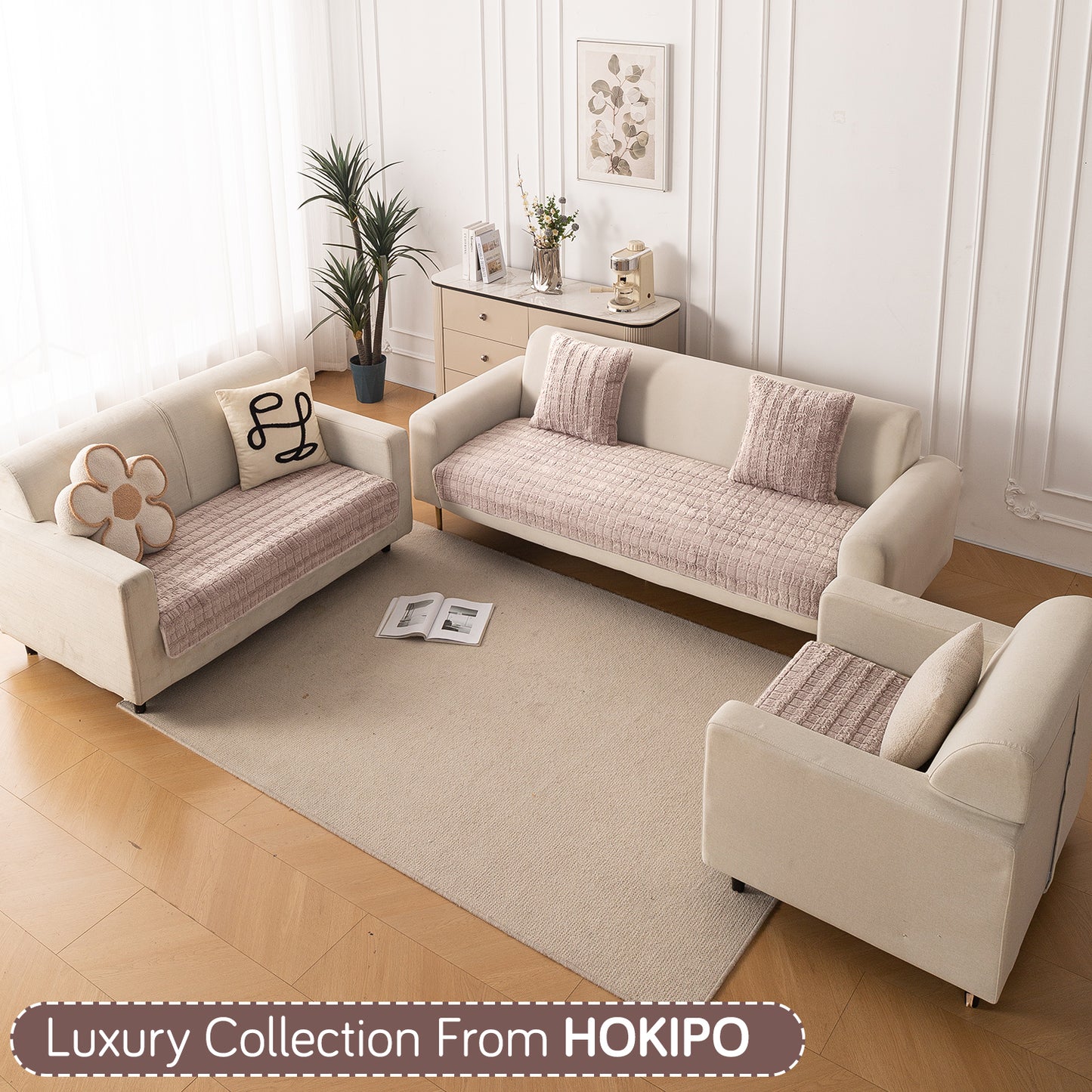 Premium Plush Anti Slip Sofa Mat for 1/2/3 Seater, Beige