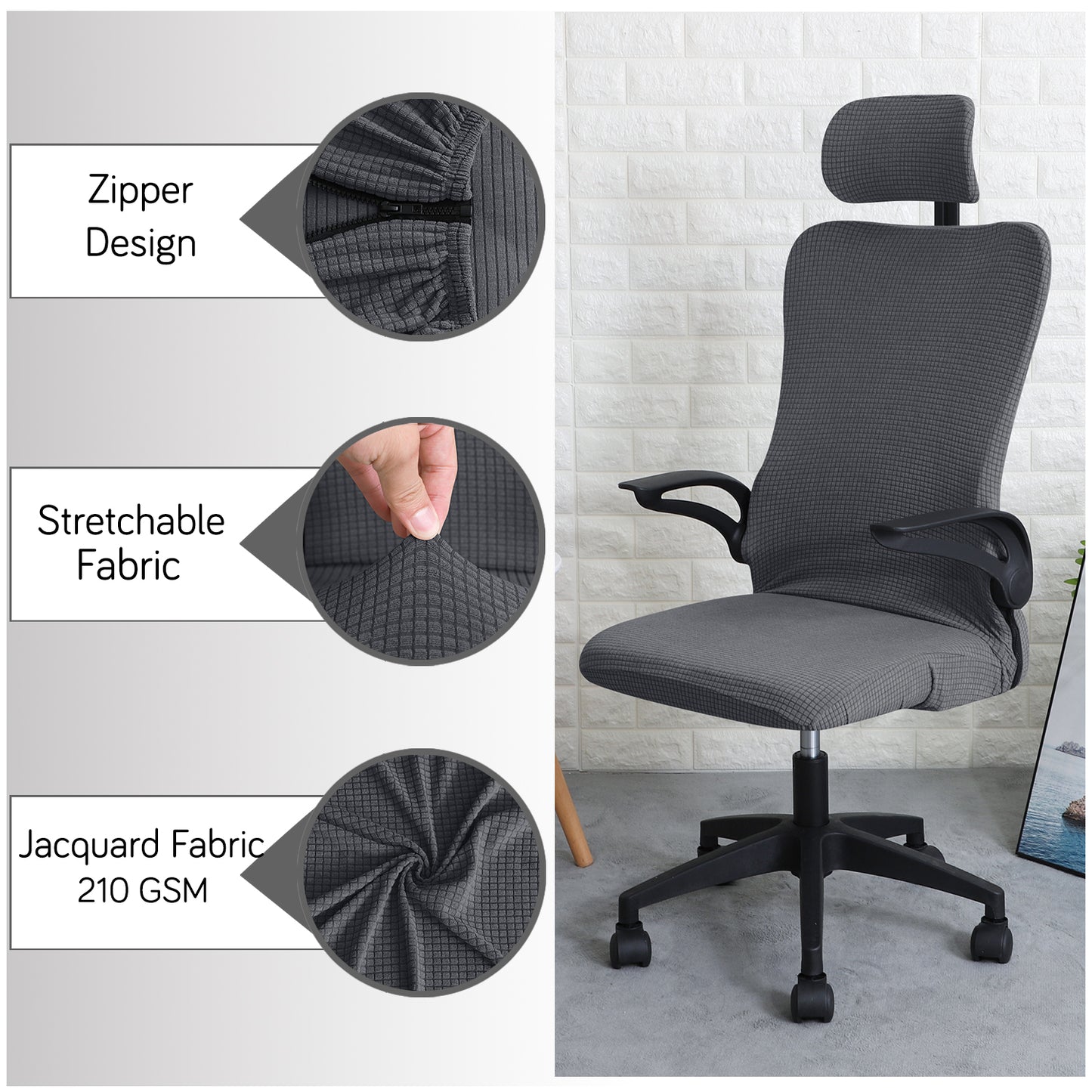 Water Repellent Office Chair Cover with Headrest (High-Back) – 210 GSM Stretch Jacquard – Washable, Anti-Slip Fit for Ergonomic Mesh Office Chairs, Dark Grey