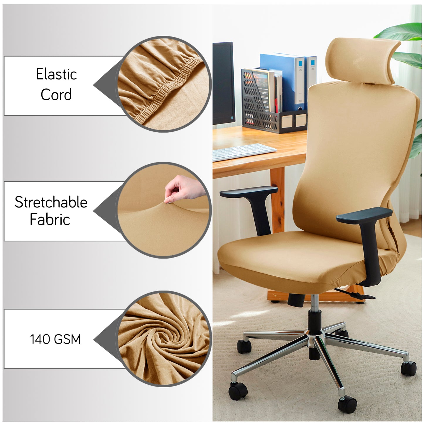 Office Chair Cover with Headrest (High-Back) – 140 GSM Stretch Fabric – Washable, Anti-Slip Fit for Ergonomic Mesh Office Chairs, Camel
