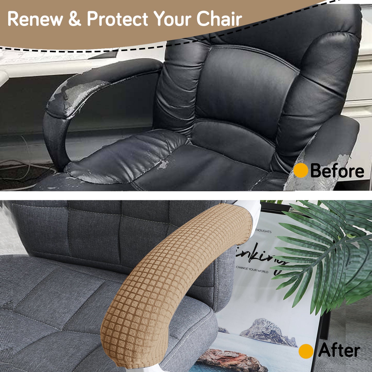 210gsm Jacquard Water Repellent Armrest Covers for Office Chair (Zipper Style), 1 Pair, Camel