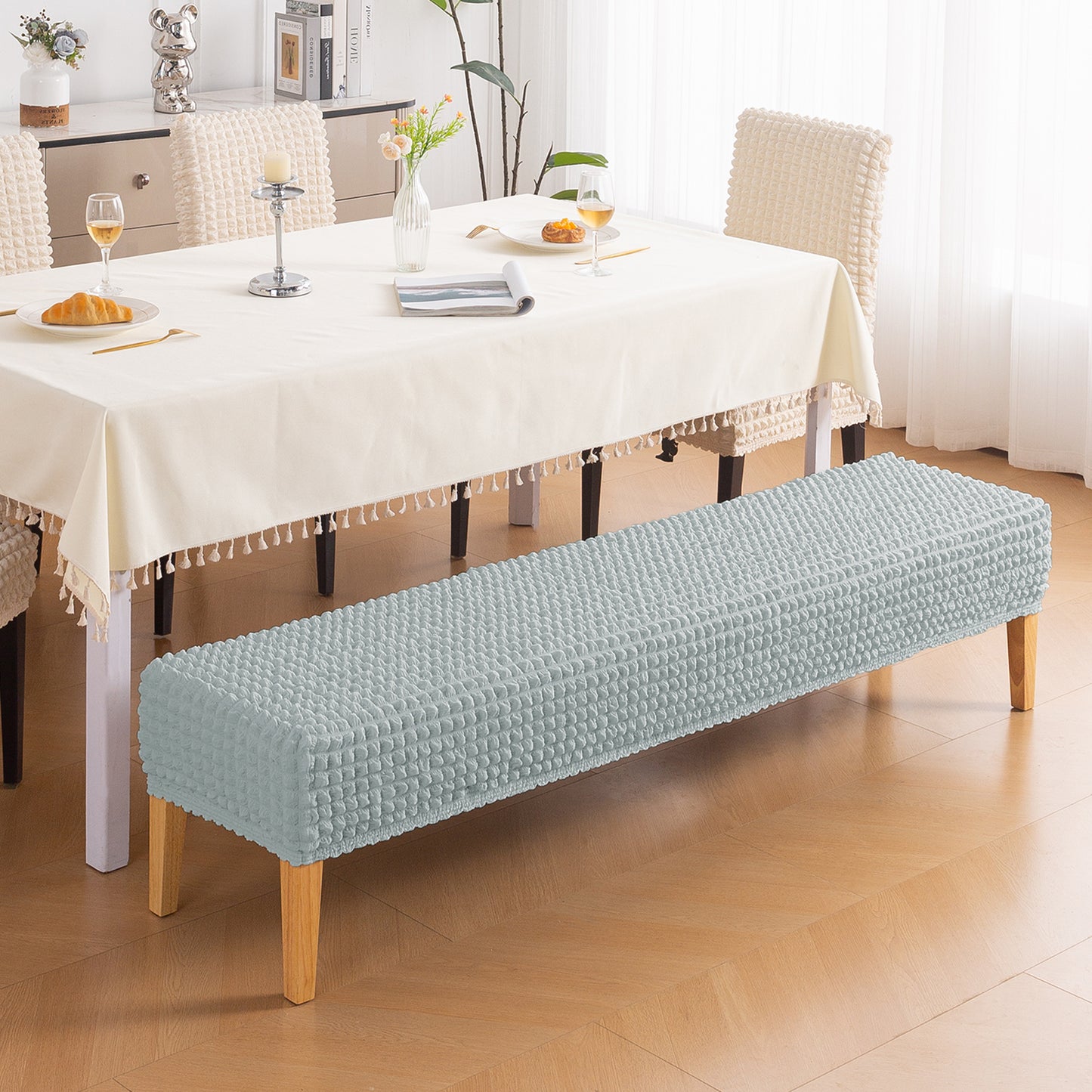 Aria Nova 280 GSM Stretchable Bubble Dining Bench Cover, Light Grey