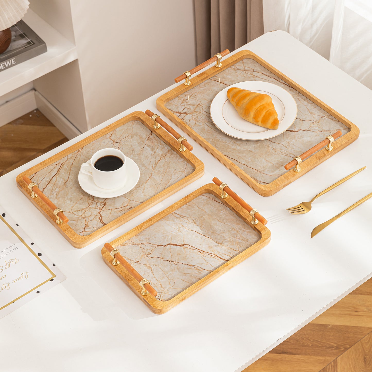 Luxury Bamboo Serving Tray Set with Faux Marble Base with Golden Handles