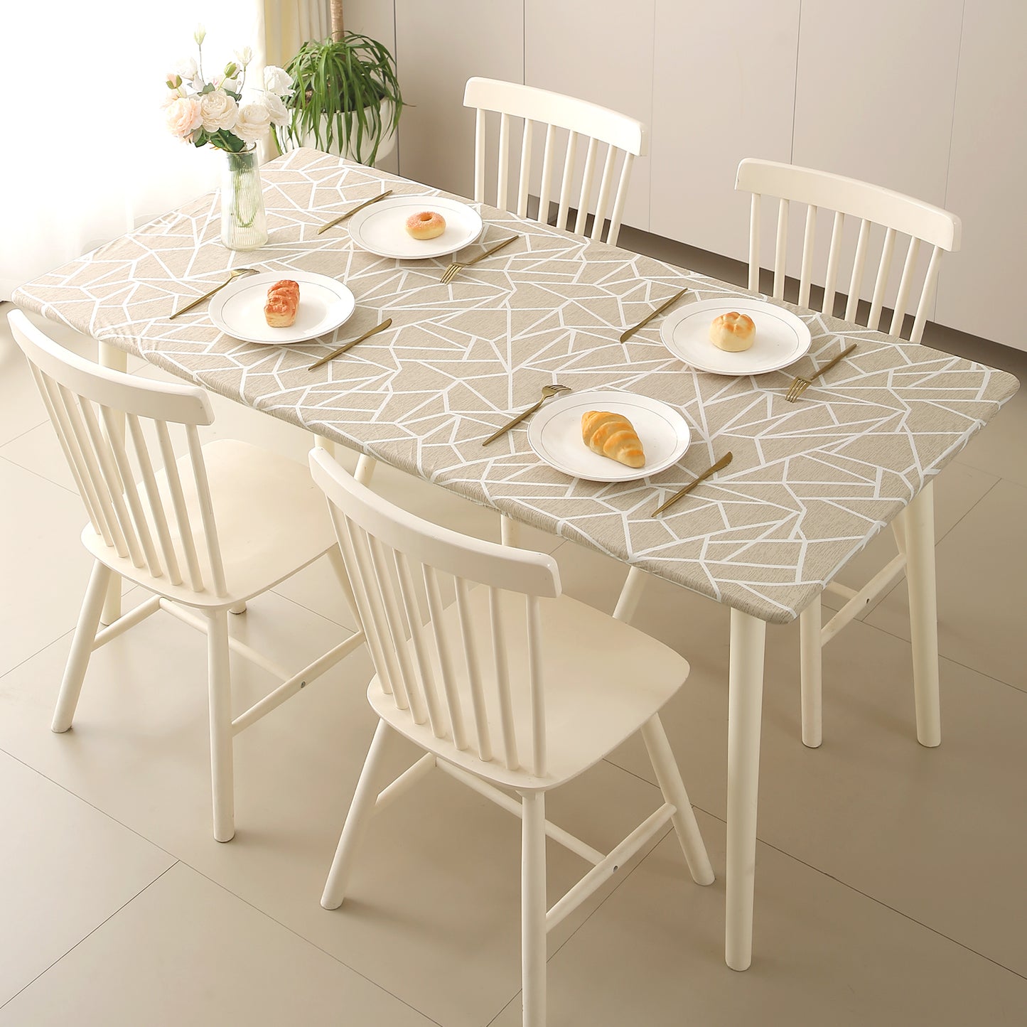 Printed Stretch Fit Water-Repellent & Anti-Slip Table Cloth Cover for 4 Seater / 6 Seater, Beige Abstract Geometry