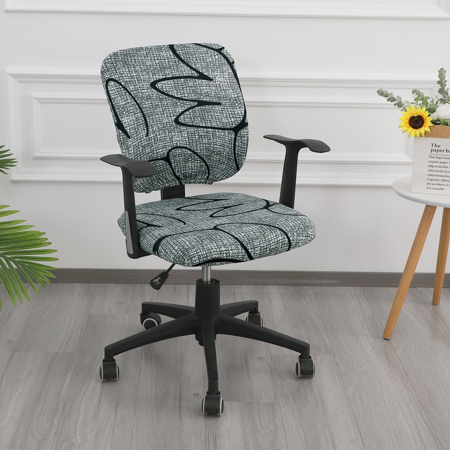 Printed Office Chair Cover for Task Chair – 140 GSM Stretchable Fabric – Washable & Anti-Slip – Fits Small Office Chairs Without Headrest, Intense Grey Abstract Floral