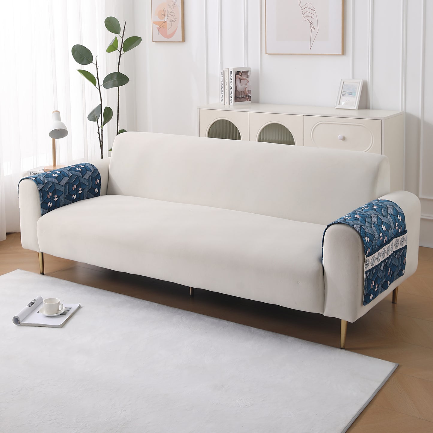 LiefNest Holland Velvet Sofa Cover Mat with Foam Filling - Geometric Floral Oriental Blue