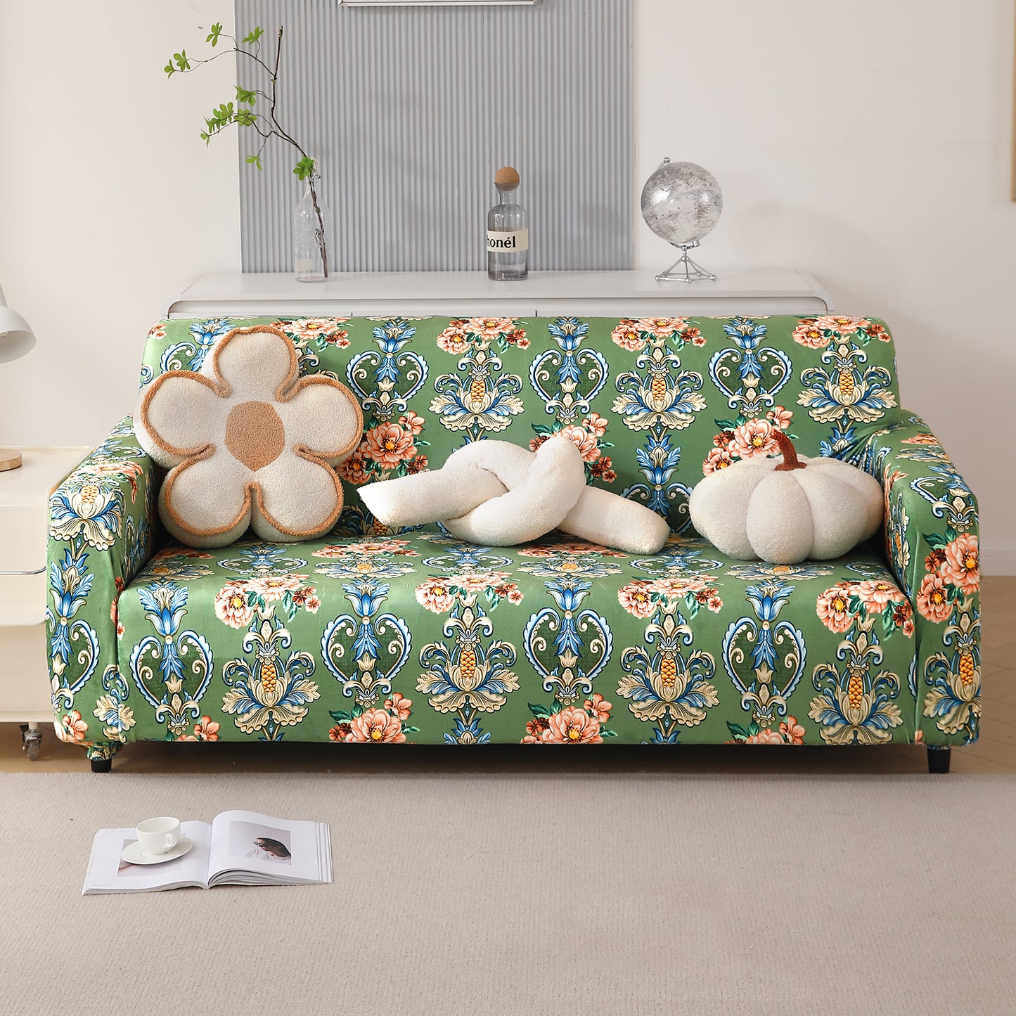 Premium Printed Velvet Sofa Cover 1/2/3 Seaters Fully Covered, Green Victorian Garden