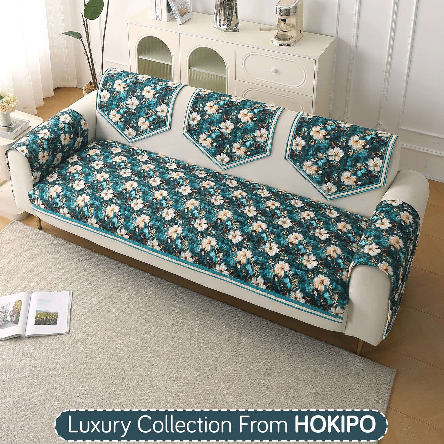 Florentina Series Printed Holland Velvet Sofa Mat - Pansies Teal