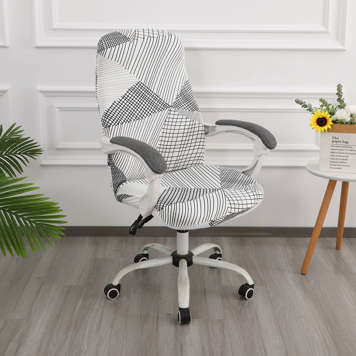 Printed Office Chair Cover for Desk Chair (Mid-Back) – 140 GSM Stretch Fabric – Washable, Durable & Anti-Slip – Fits Mid-Back Office Chairs, Snow White Black Geometry - Medium