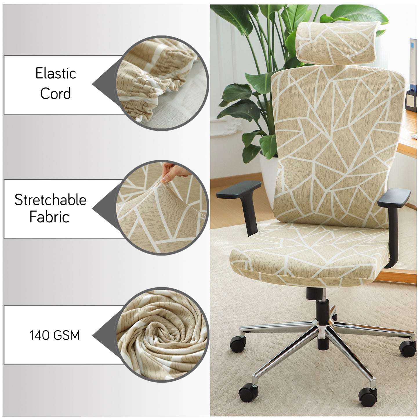 Printed Office Chair Cover with Headrest (High-Back) – 140 GSM Stretch Fabric – Washable, Anti-Slip Fit for Ergonomic Mesh Office Chairs, Beige Abstract Geometry