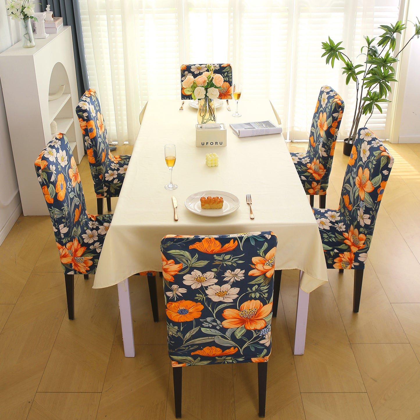 Premium Printed Velvet Dining Chair Cover Set, Teal Twilight Garden