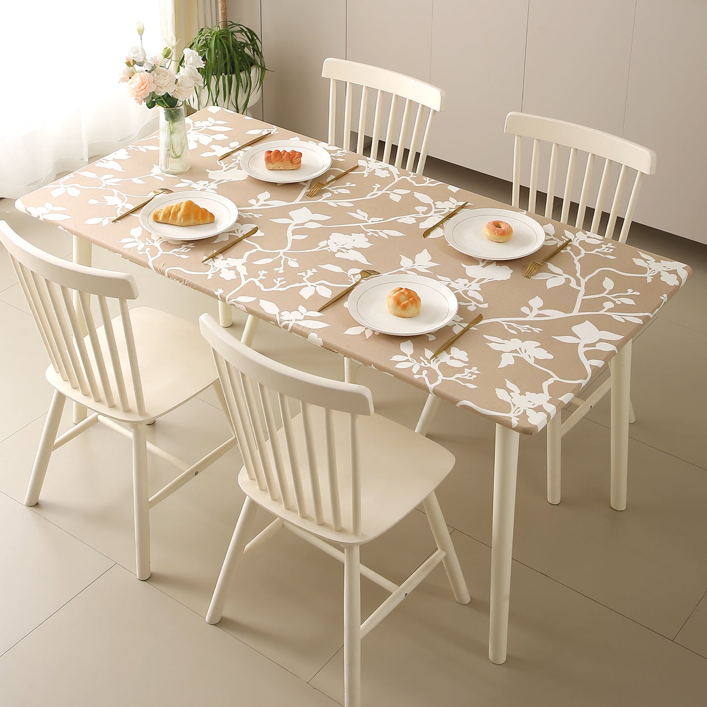 Printed Stretch Fit Water-Repellent & Anti-Slip Table Cloth Cover for 4 Seater / 6 Seater, Buff Brown Sillehoute Floral