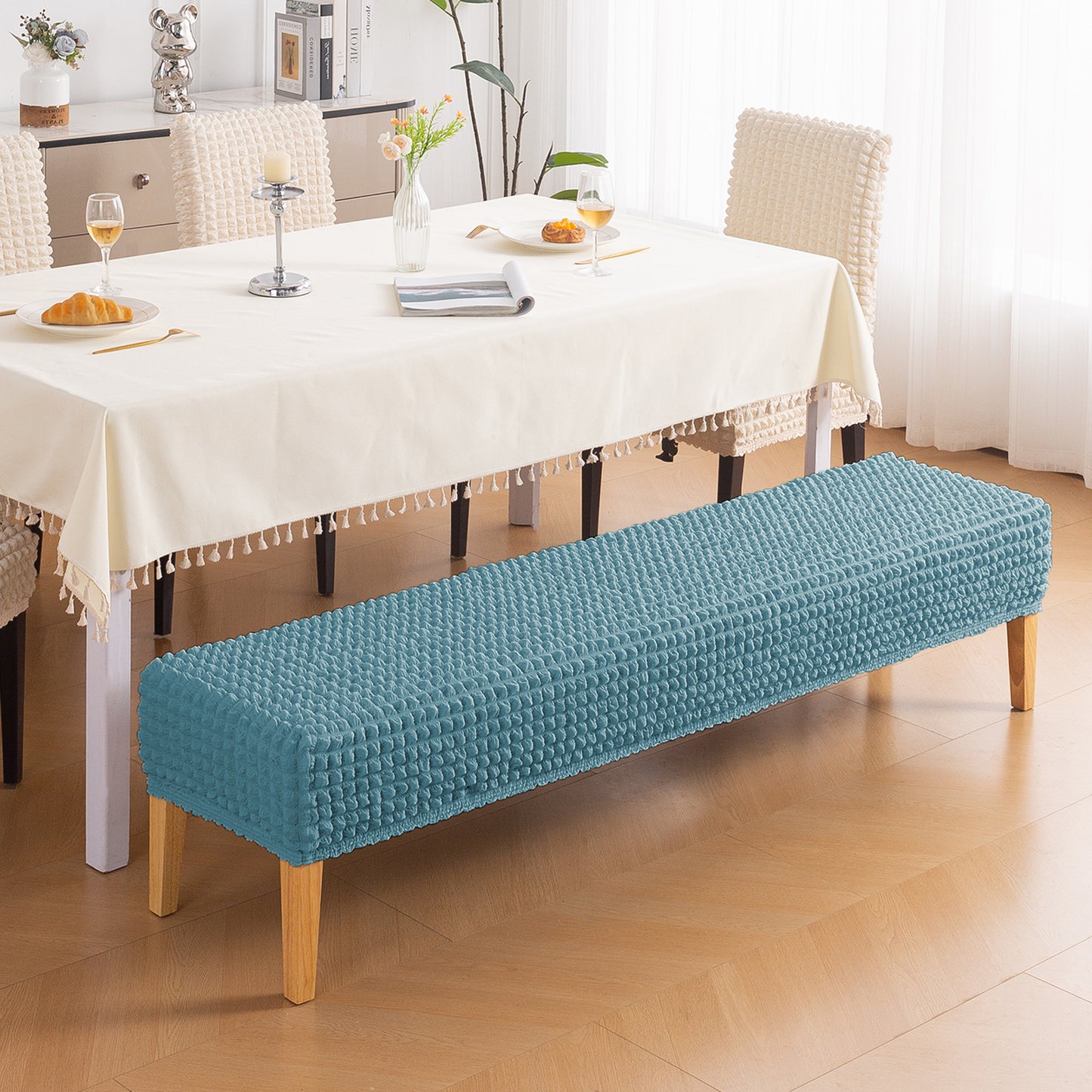 Aria Nova 280 GSM Stretchable Bubble Dining Bench Cover, Tropical Teal