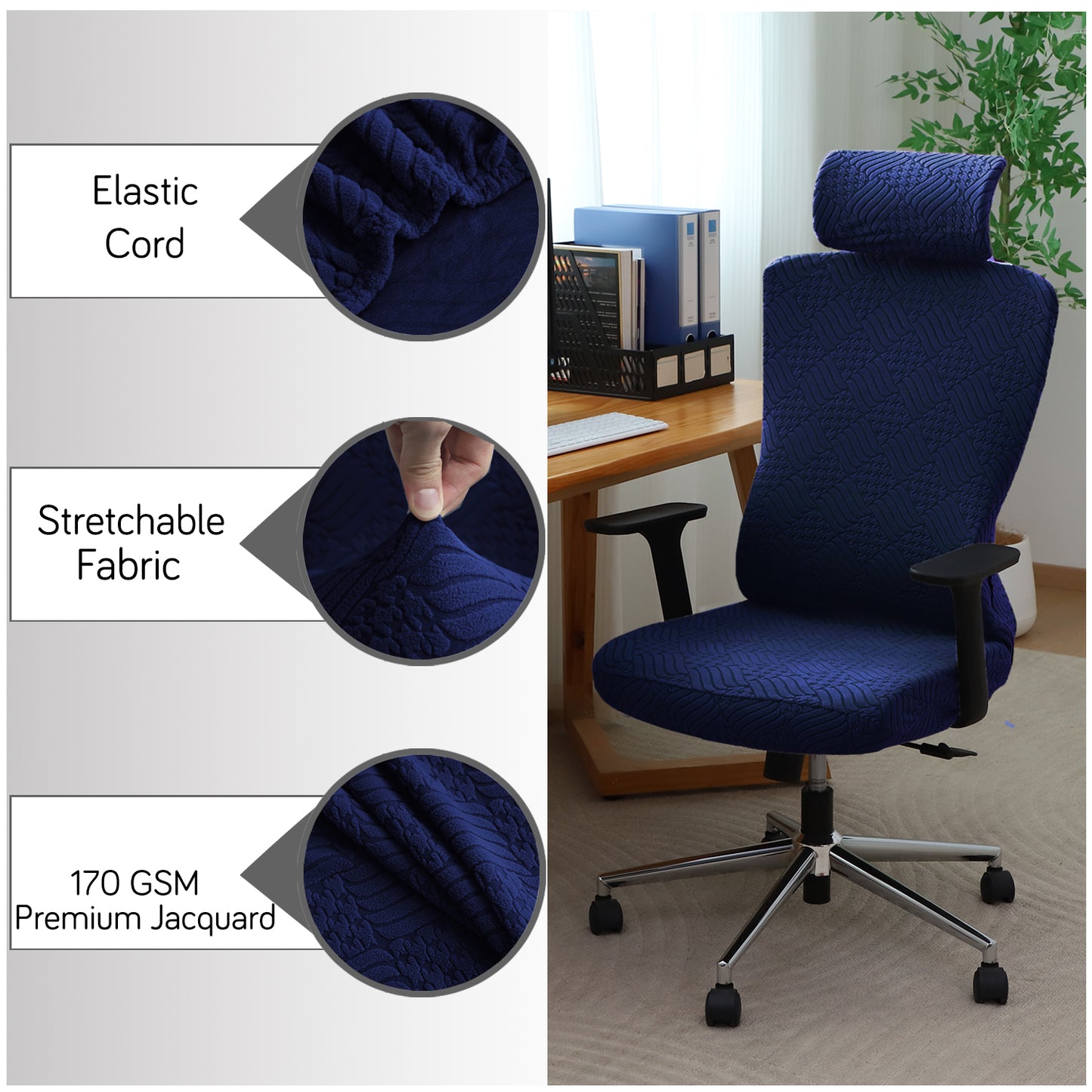 Office Chair Cover with Headrest (High-Back) – 170 GSM Stretch Jacquard – Washable, Anti-Slip Fit for Ergonomic Mesh Office Chairs, Navy Blue