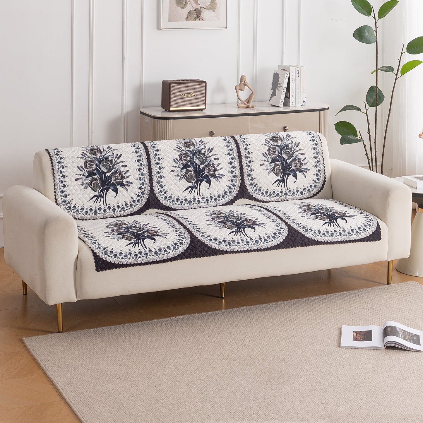 LoomVerse Quilted Sofa Cover Set Washable Sofa Panel for Seat & Back - Midnight Bloom