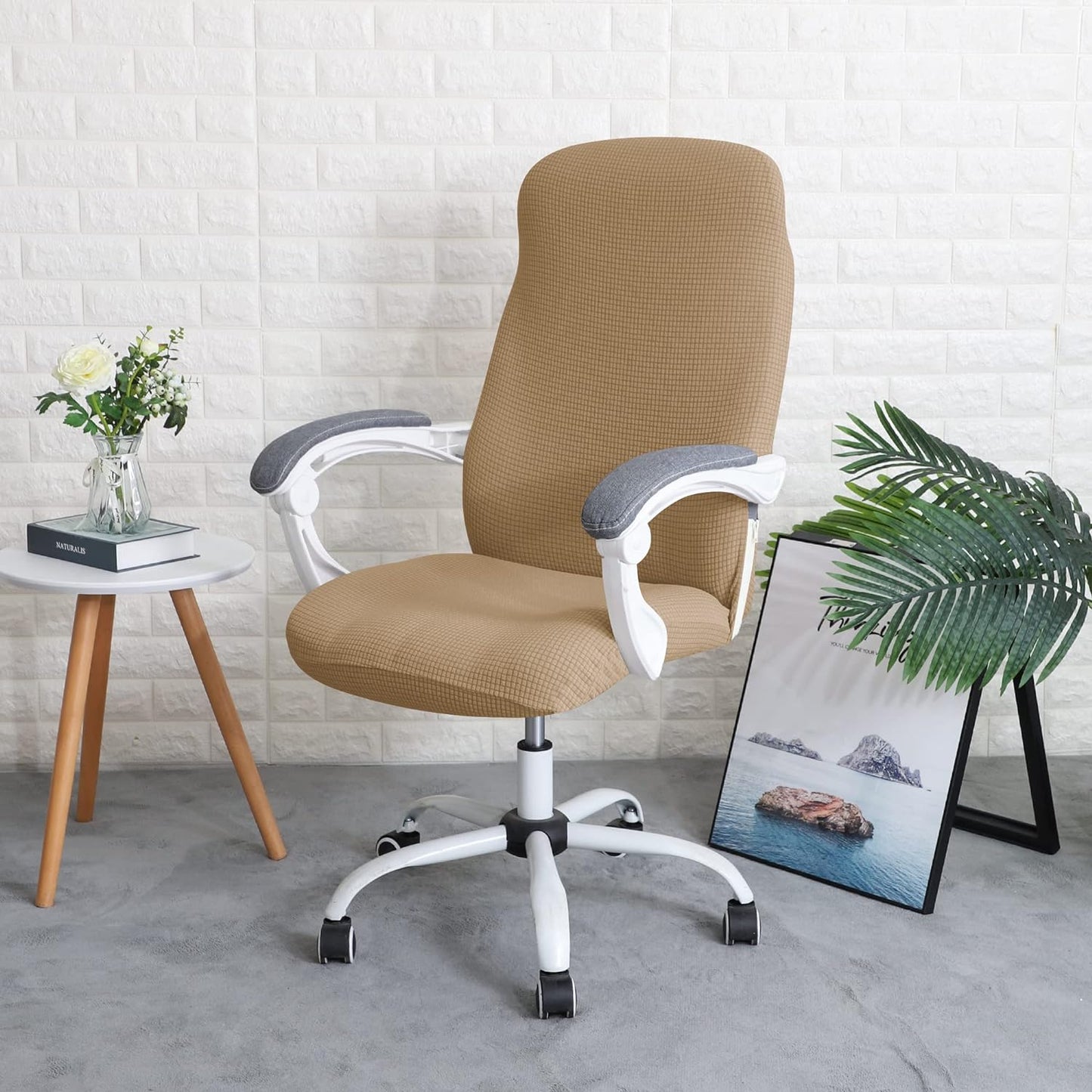 Water Repellent Office Chair Cover for Desk Chair (Mid-Back) – 210 GSM Stretch Jacquard – Washable, Durable & Anti-Slip – Fits Mid-Back Office Chairs, Camel