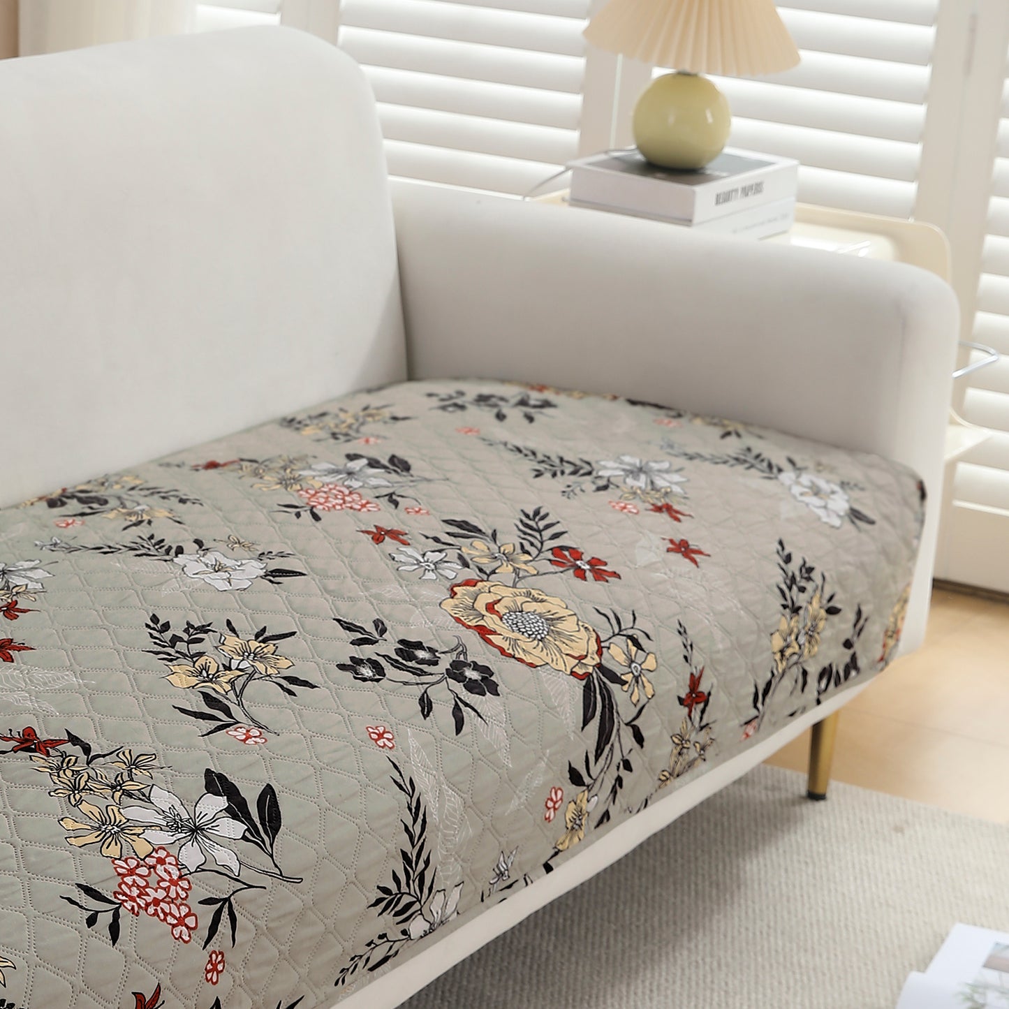 Polyester Printed Quilted Sofa Cover Mats, Floral Ash Grey