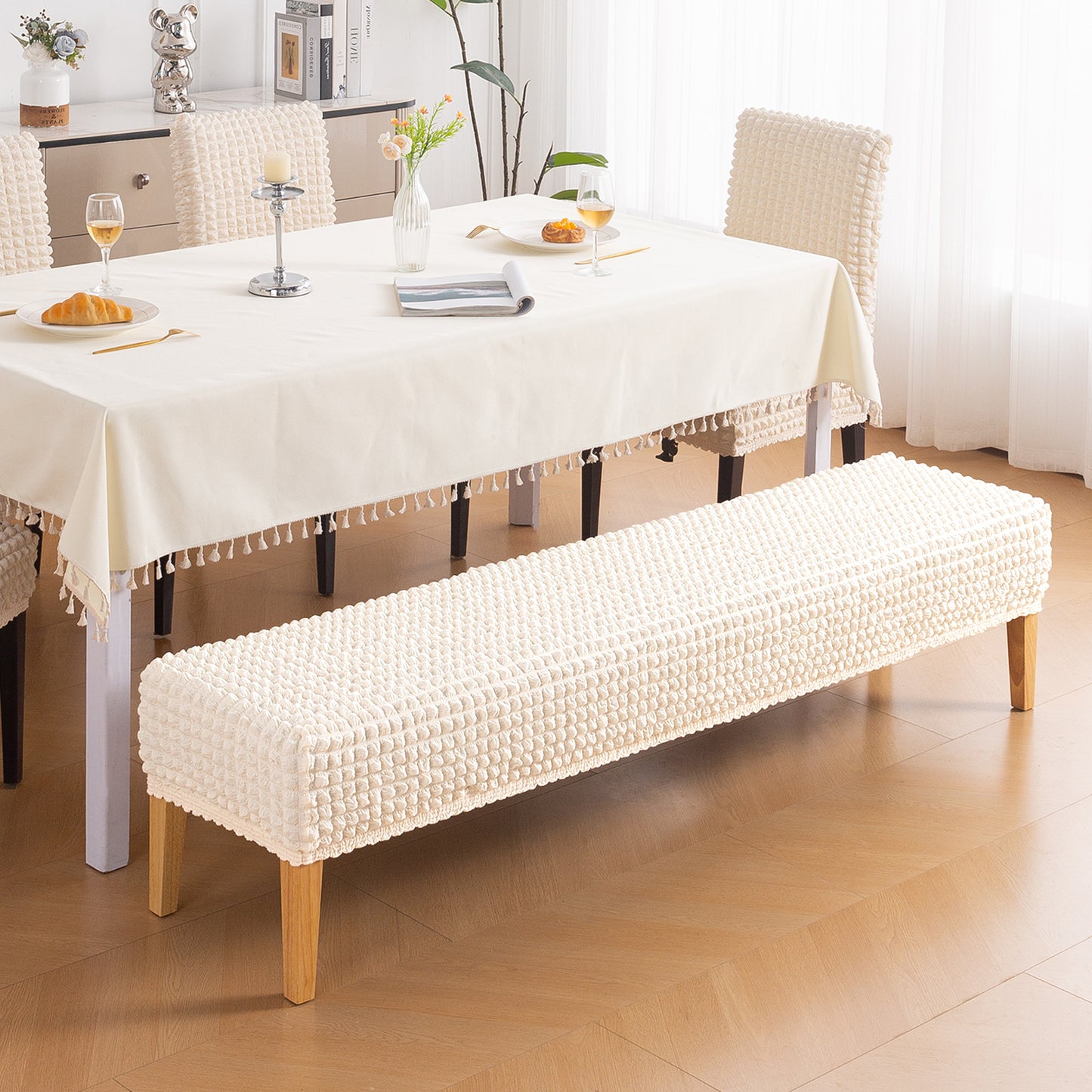 Aria Nova 280 GSM Stretchable Bubble Dining Bench Cover, Light Cream