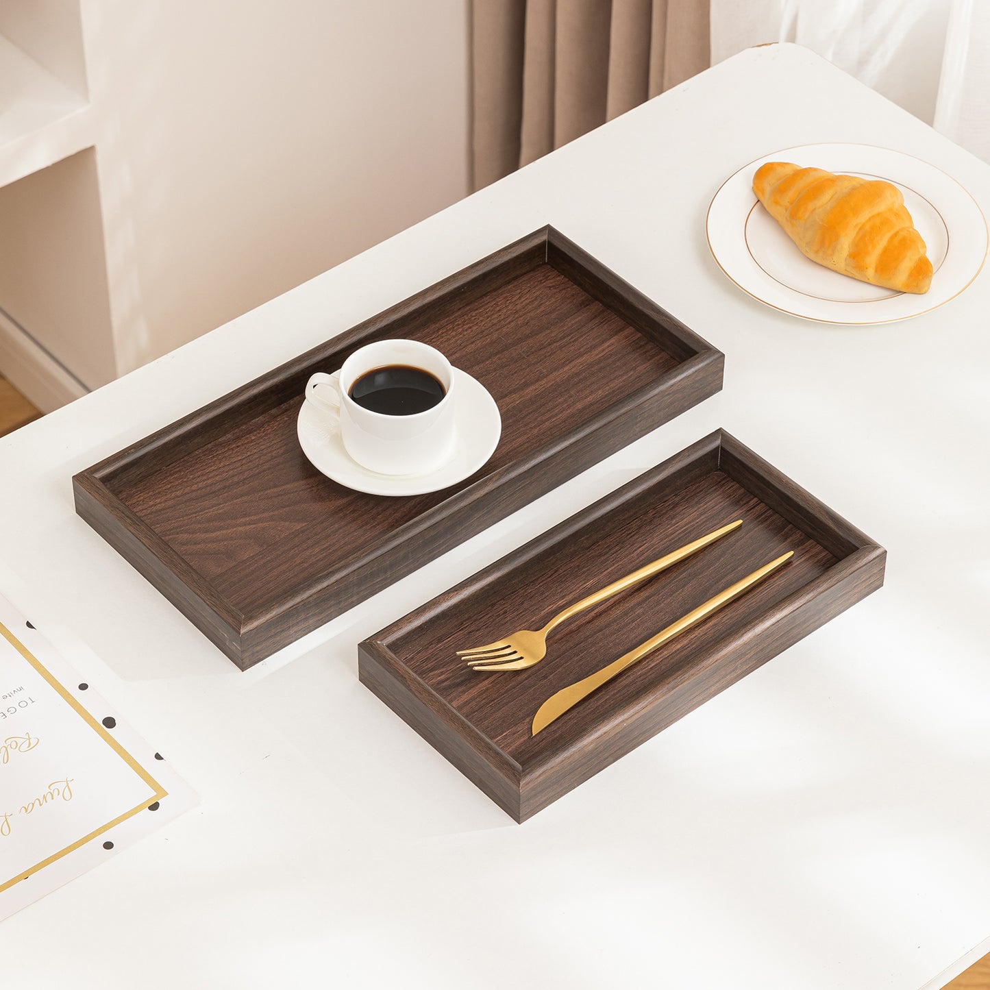 Wooden Serving Tray MDF Rectangular Eco-Friendly Trays Set of 3, Dark Wood Finish
