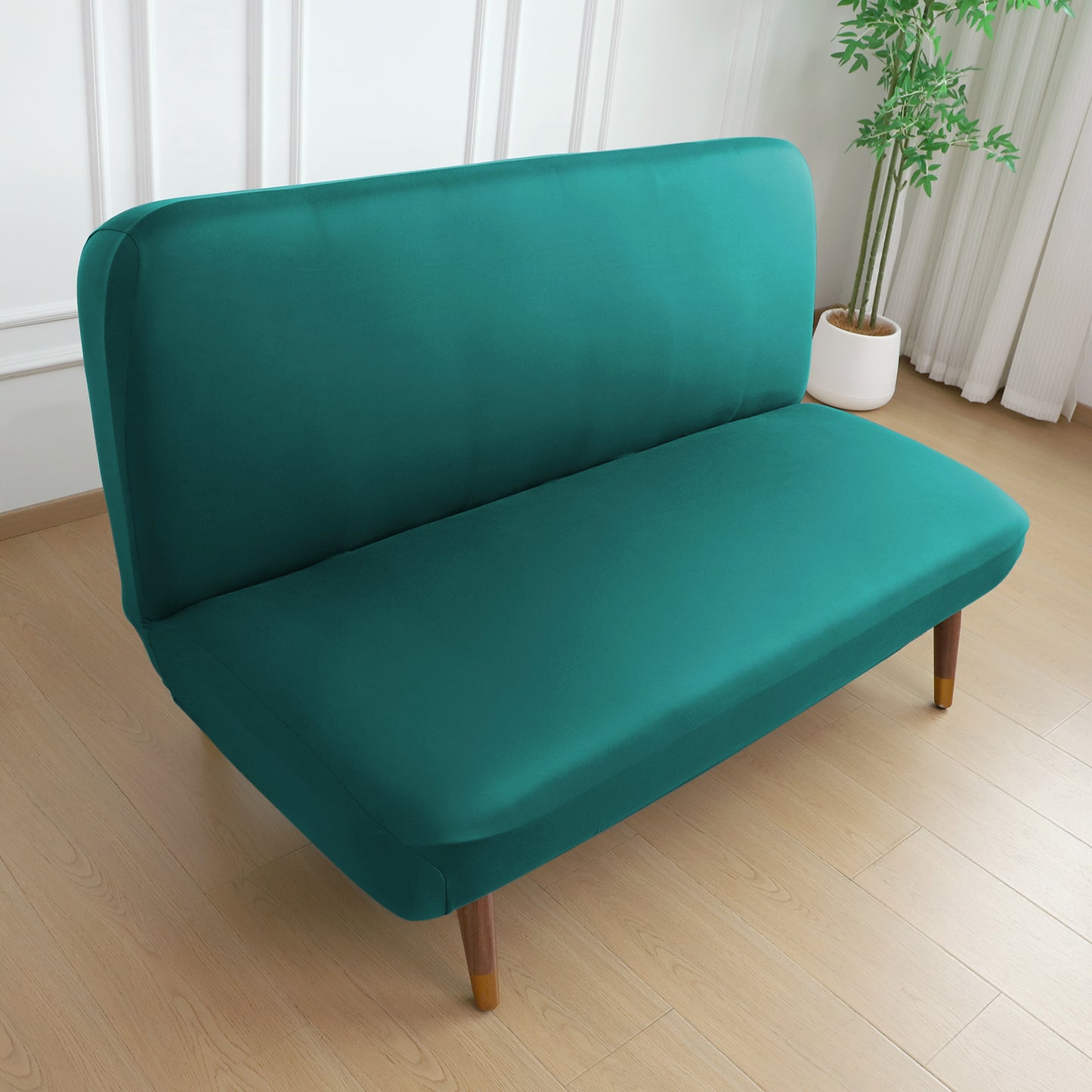 SereneSolids Stretchable Elastic Armless Sofa Cover – 140 GSM, Futon Slipcover, Easy Fit, Teal