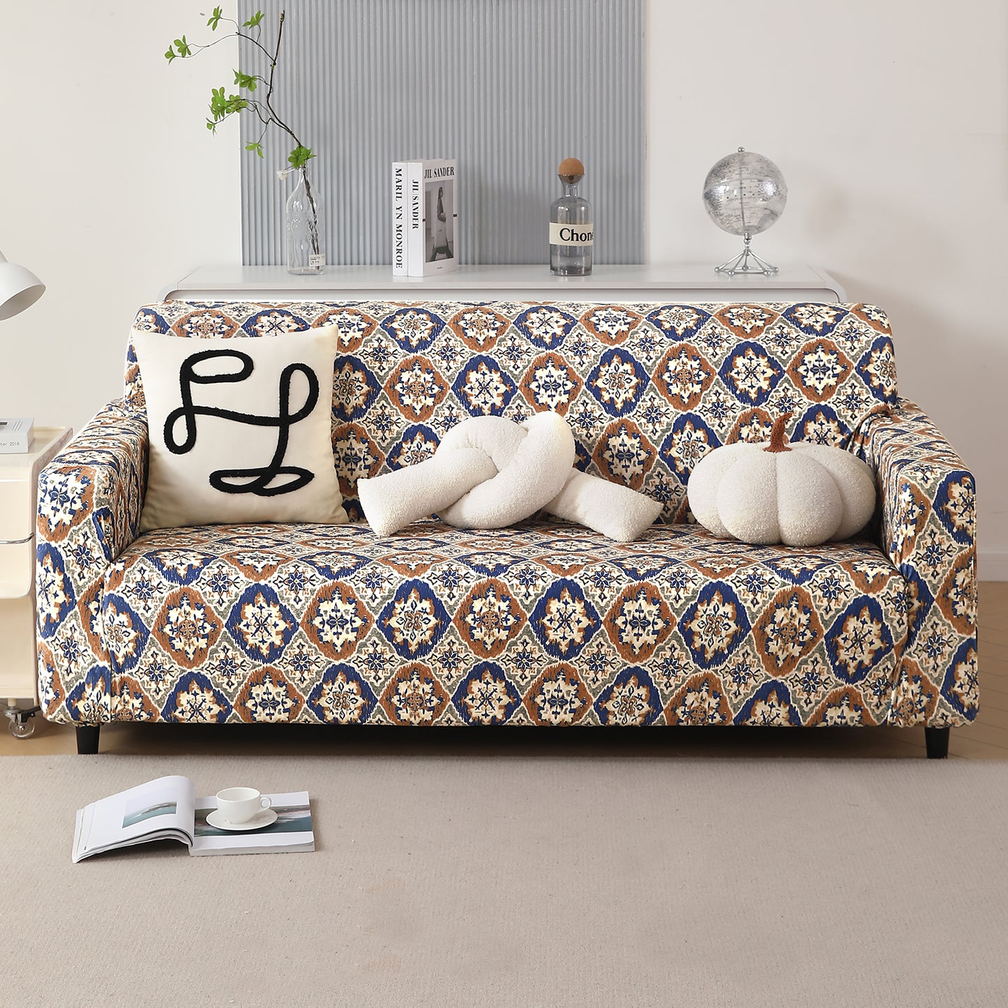 Premium Printed Velvet Sofa Cover 1/2/3 Seaters Fully Covered, Indigo Moroccan Charm