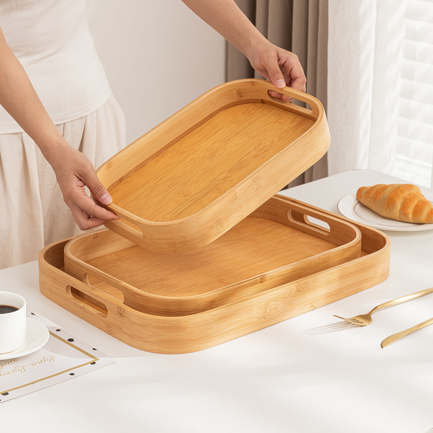 Natural Bamboo Serving Tray Set of 2/3 – Multipurpose Kitchen Tray with Handles