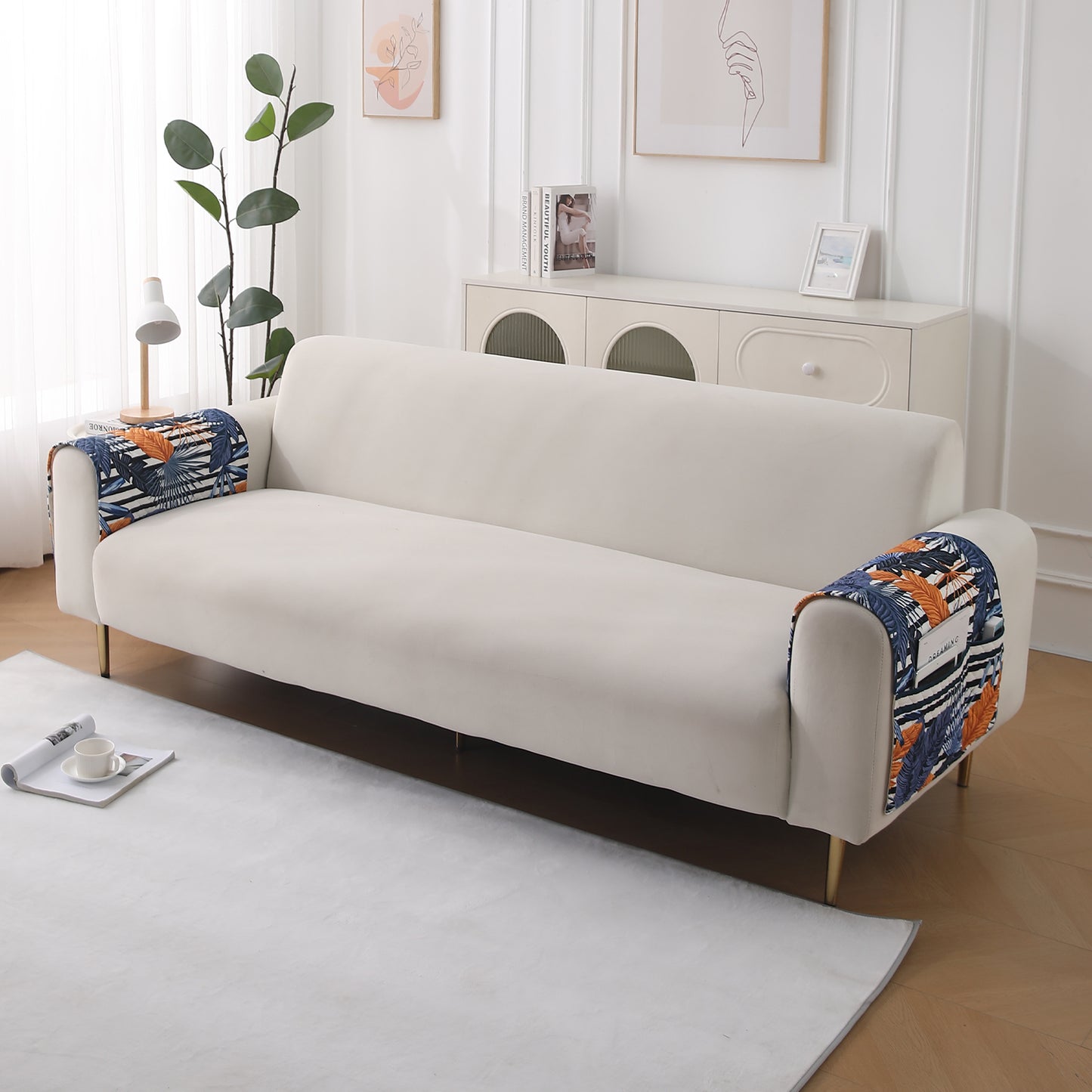 LiefNest Holland Velvet Sofa Cover Mat with Foam Filling - Tropical Leaves Dusk Blue