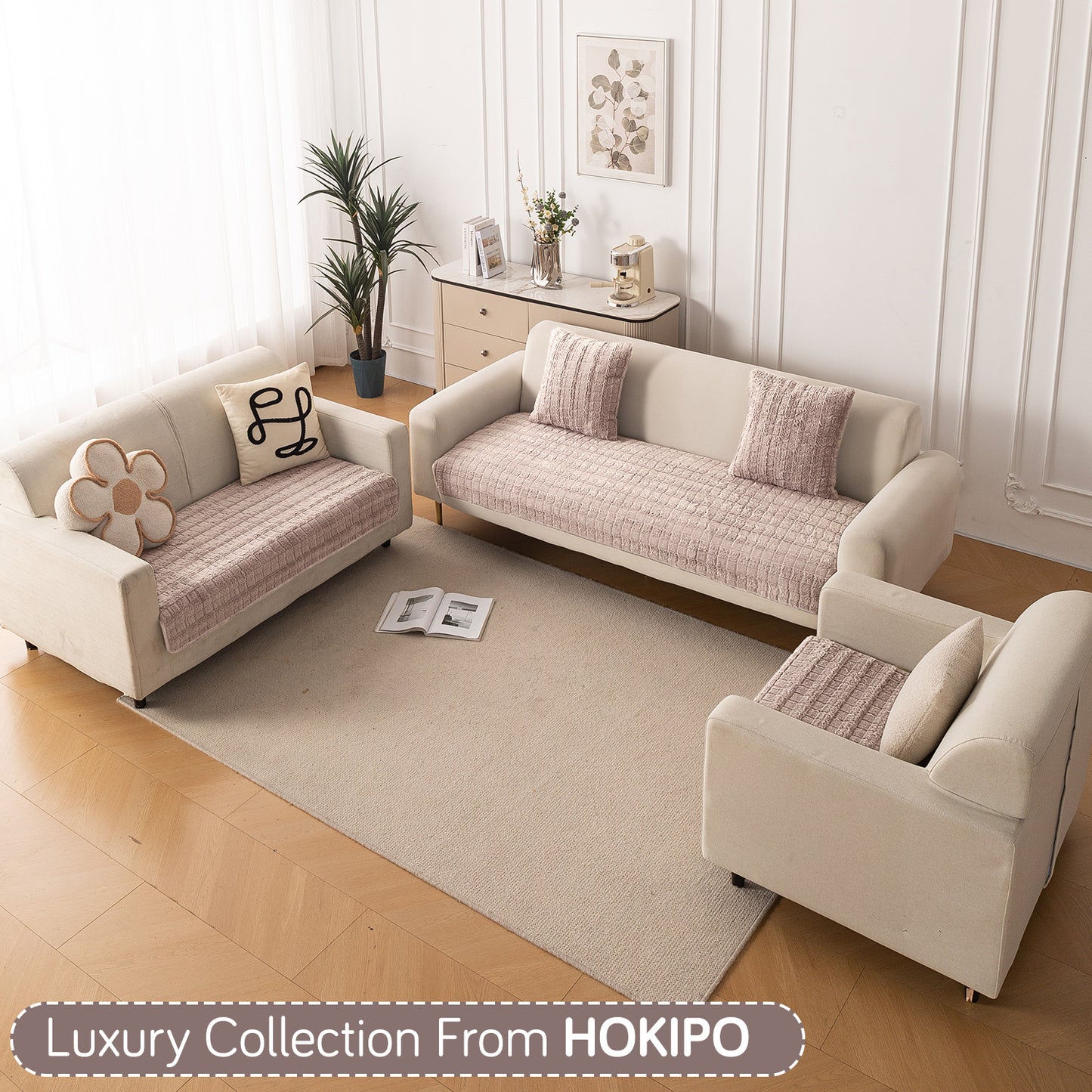 Premium Plush Anti Slip Sofa Mat for 1/2/3 Seater, Beige