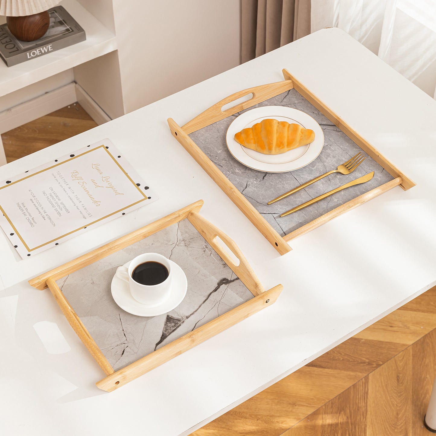 Bamboo Set of 2 Serving Trays with Handles – elegant faux marble base, Grey