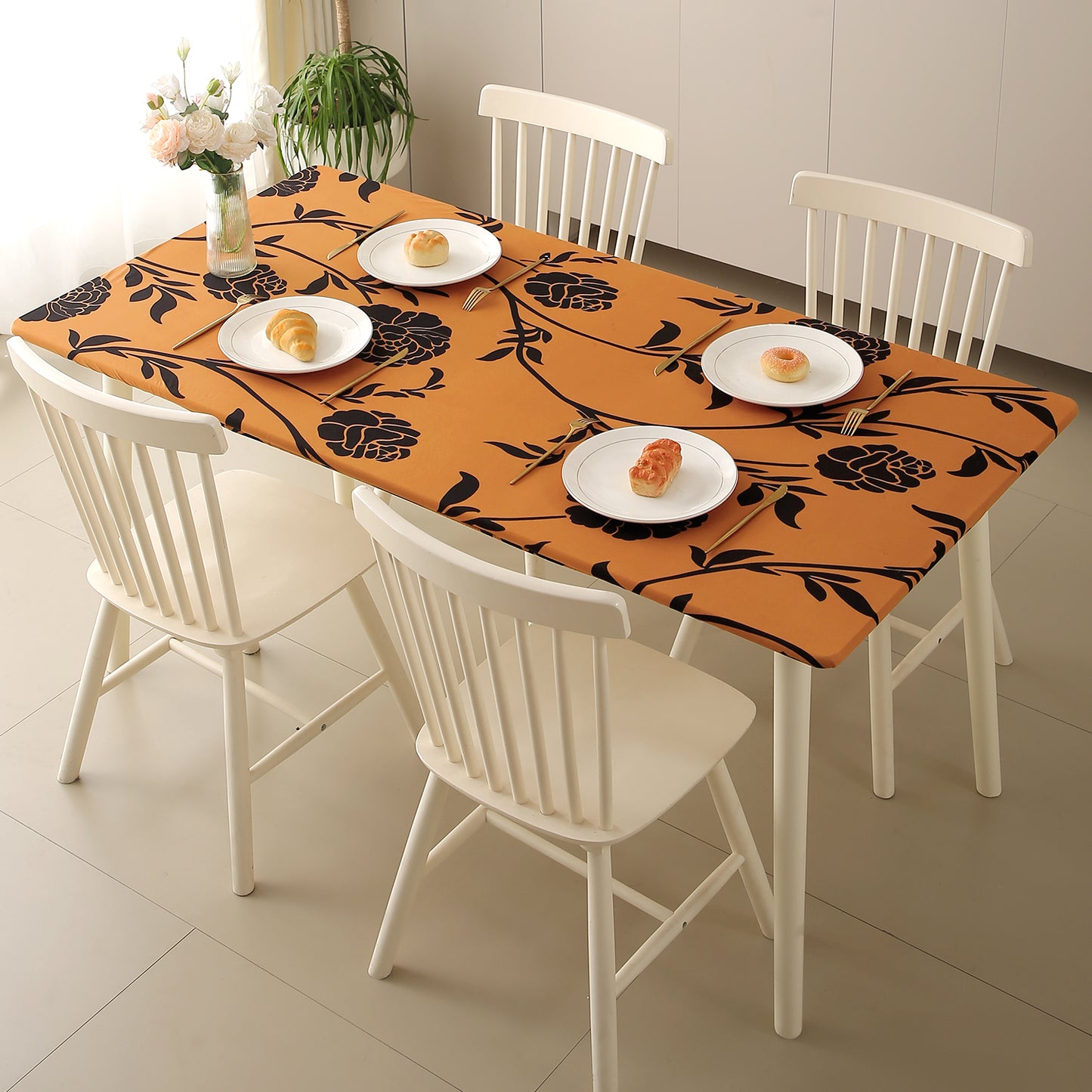 Printed Stretch Fit Water-Repellent & Anti-Slip Table Cloth Cover for 4 Seater / 6 Seater, Copper Brown Floral