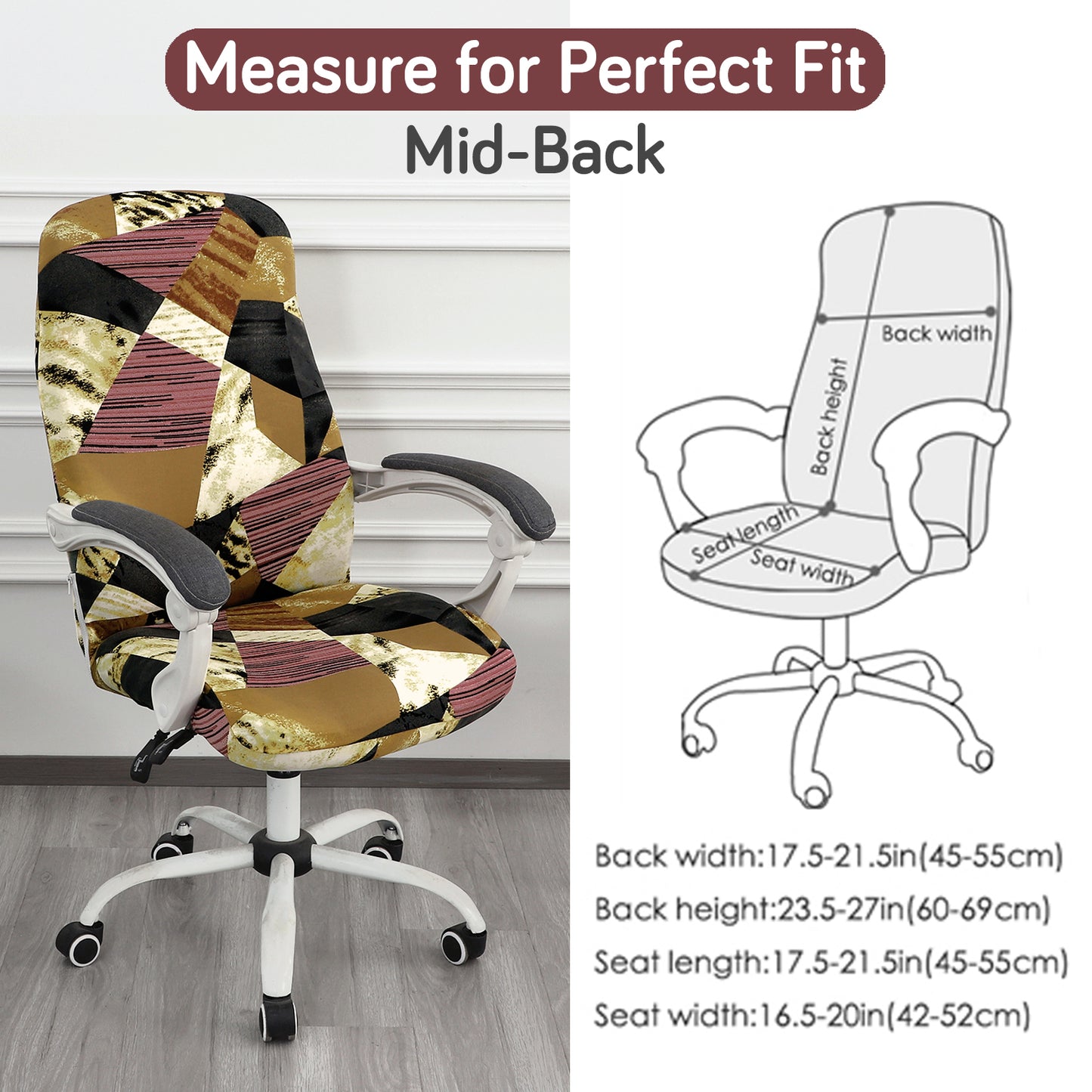 Printed Office Chair Cover for Desk Chair (Mid-Back) – 140 GSM Stretch Fabric – Washable, Durable & Anti-Slip – Fits Mid-Back Office Chairs, Wine Abstract Geometry - Medium