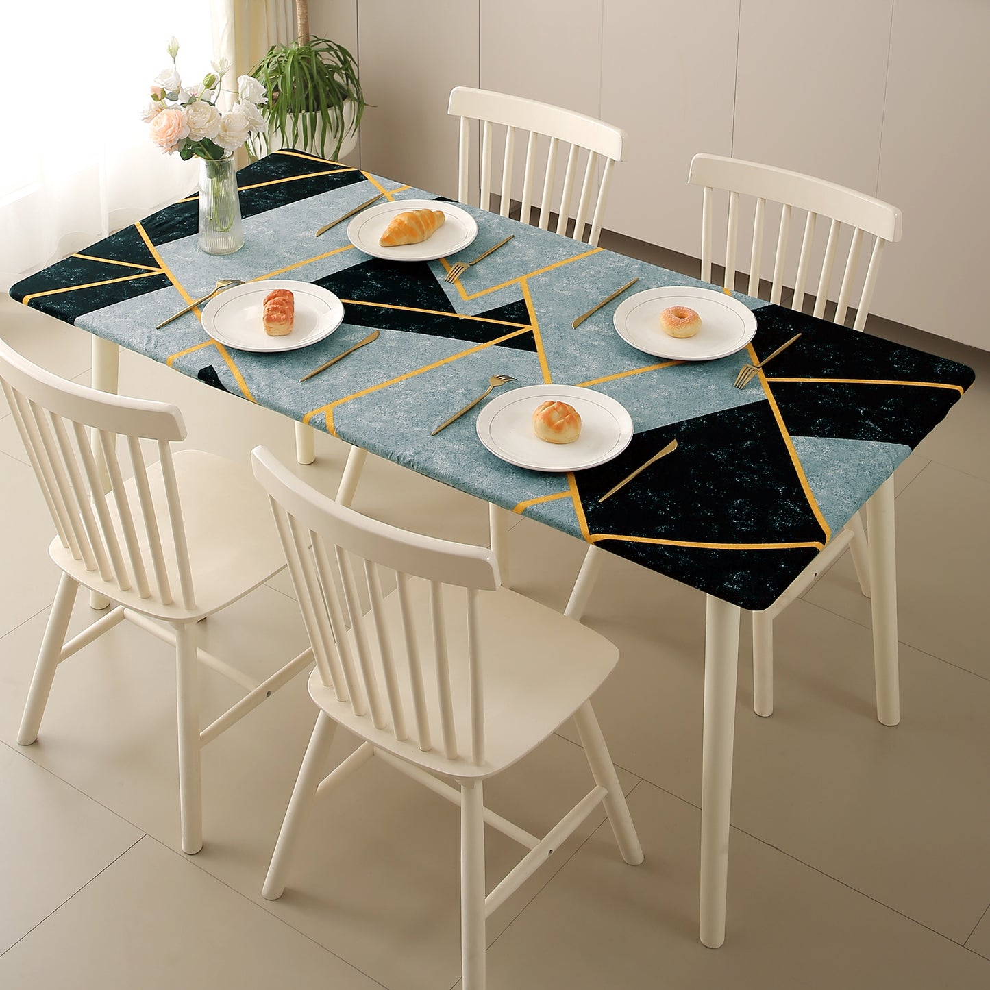 Printed Stretch Fit Water-Repellent & Anti-Slip Table Cloth Cover for 4 Seater / 6 Seater, Multicolor Abstract Geometry