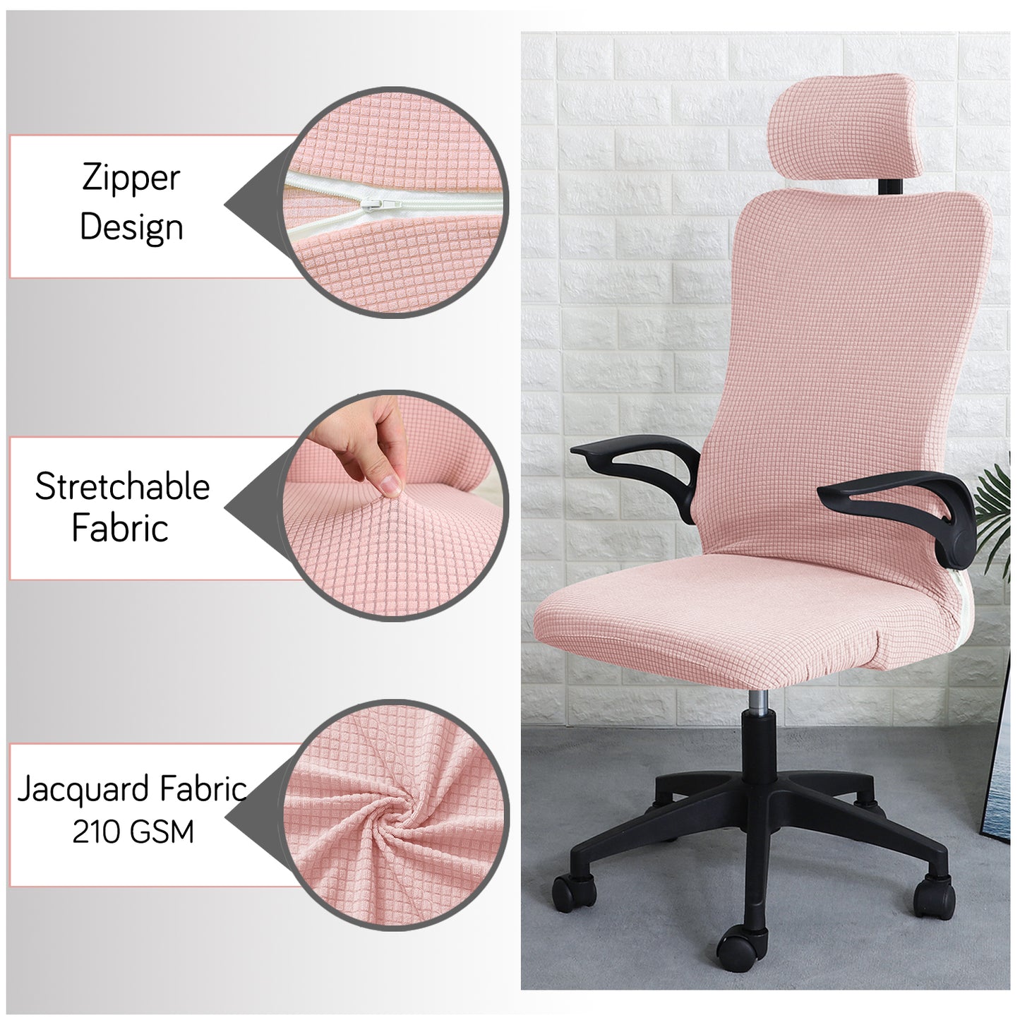 Water Repellent Office Chair Cover with Headrest (High-Back) – 210 GSM Stretch Jacquard – Washable, Anti-Slip Fit for Ergonomic Mesh Office Chairs, Pink