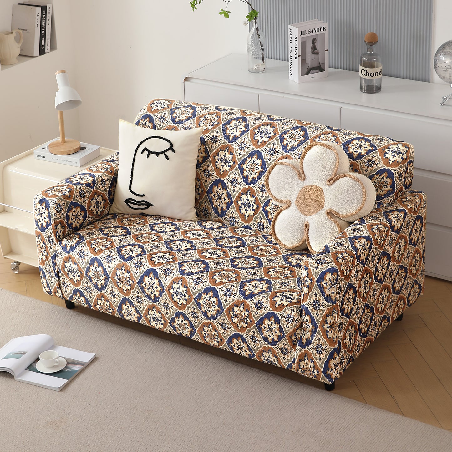 Premium Printed Velvet Sofa Cover 1/2/3 Seaters Fully Covered, Indigo Moroccan Charm