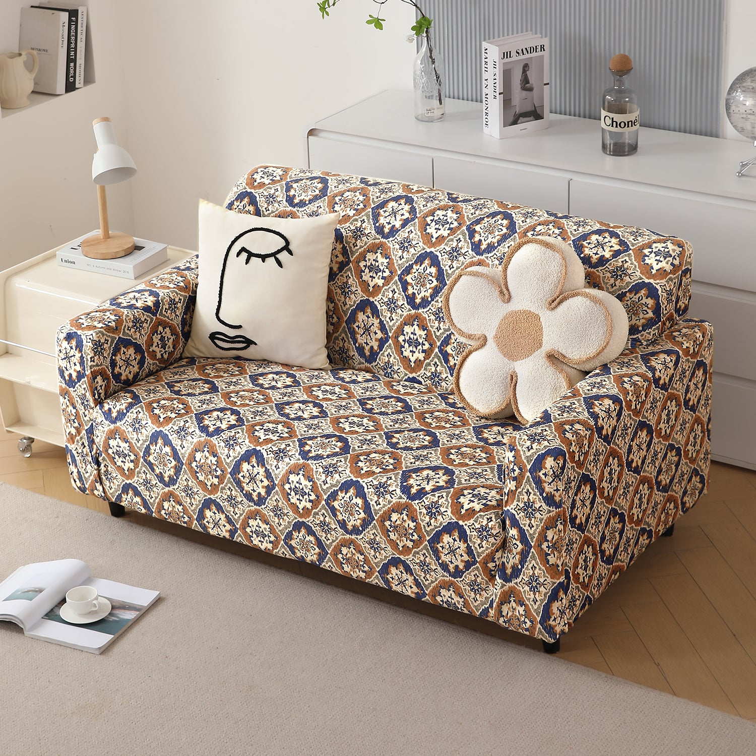 two seater Indigo Moroccan Charm print elastic stretchable velvet sofa cover