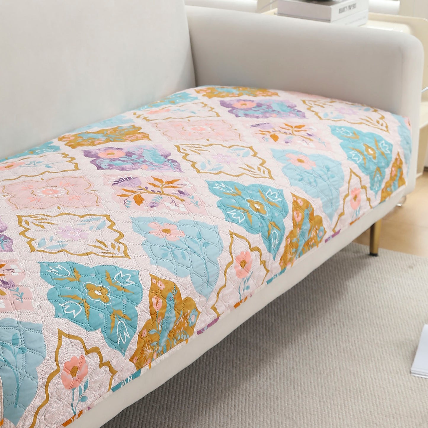 Polyester Printed Quilted Sofa Cover Mats, Quatrefoil Multicolor