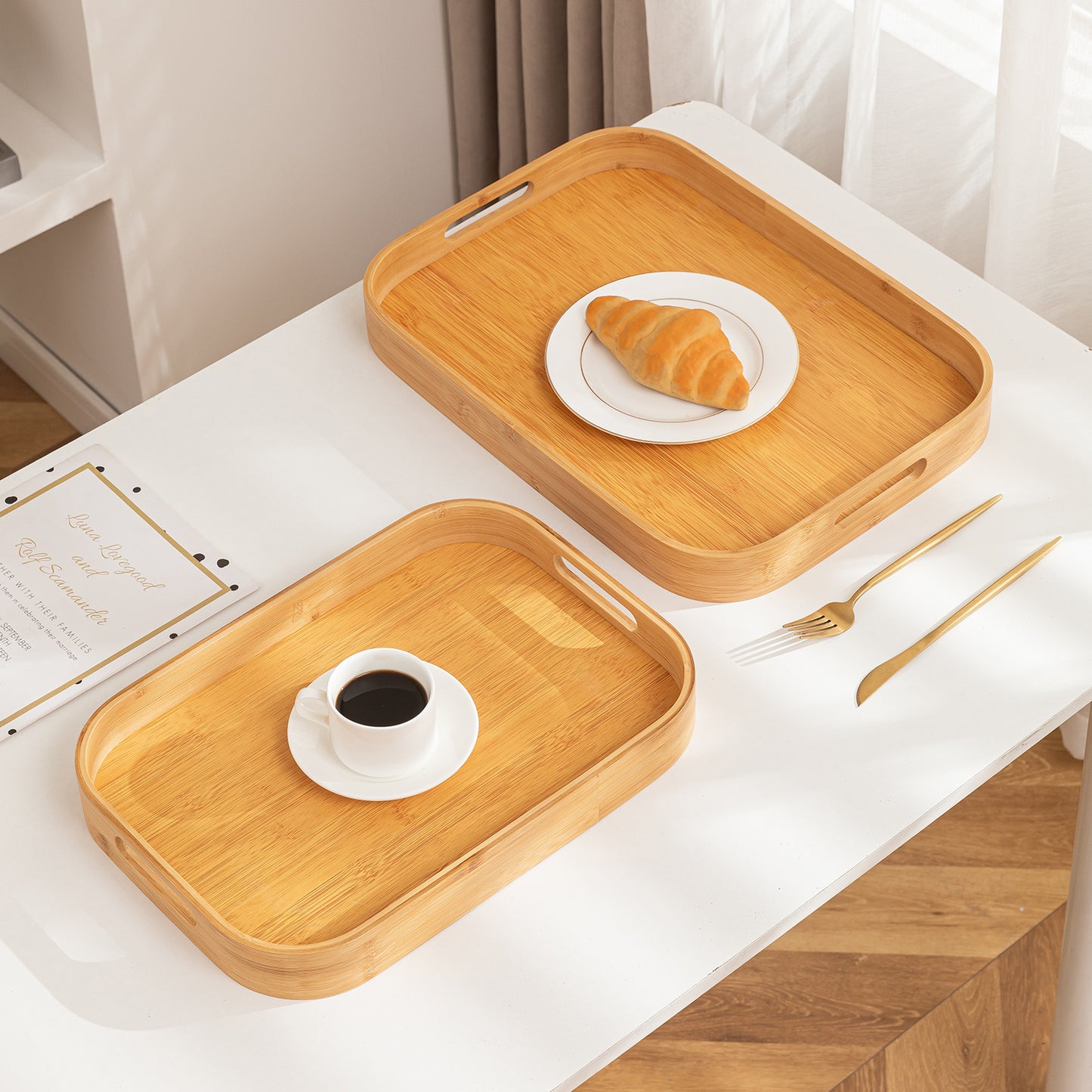 Natural Bamboo Serving Tray Set of 2/3 – Multipurpose Kitchen Tray with Handles