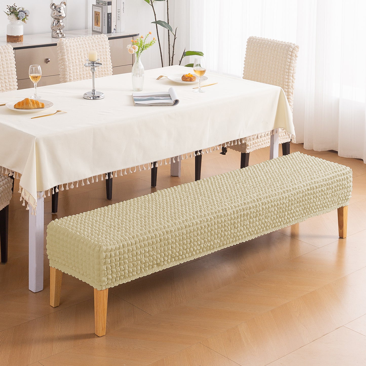 Aria Nova 280 GSM Stretchable Bubble Dining Bench Cover, Beige