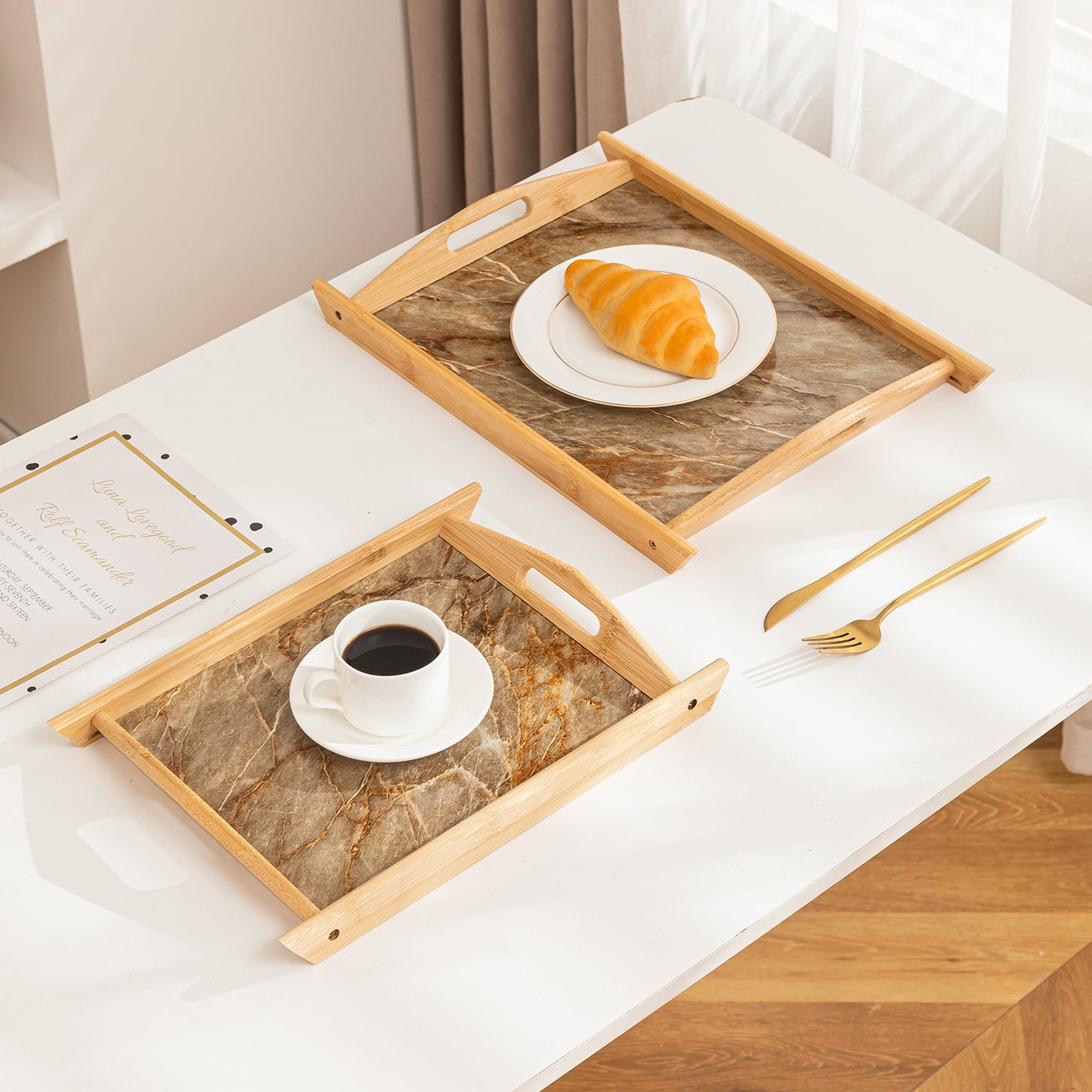 Bamboo Set of 2 Serving Trays with Handles – elegant faux marble base, Brown
