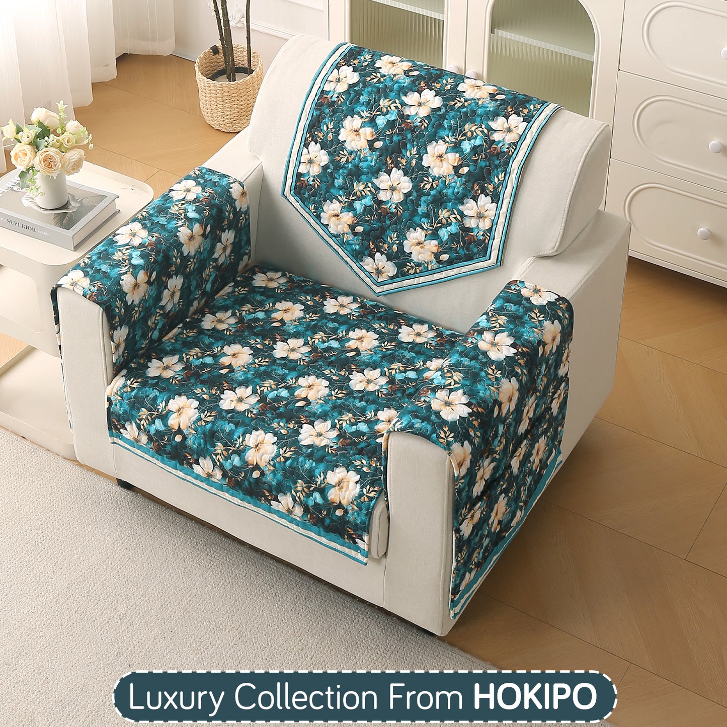 Florentina Series Printed Holland Velvet Sofa Mat - Pansies Teal