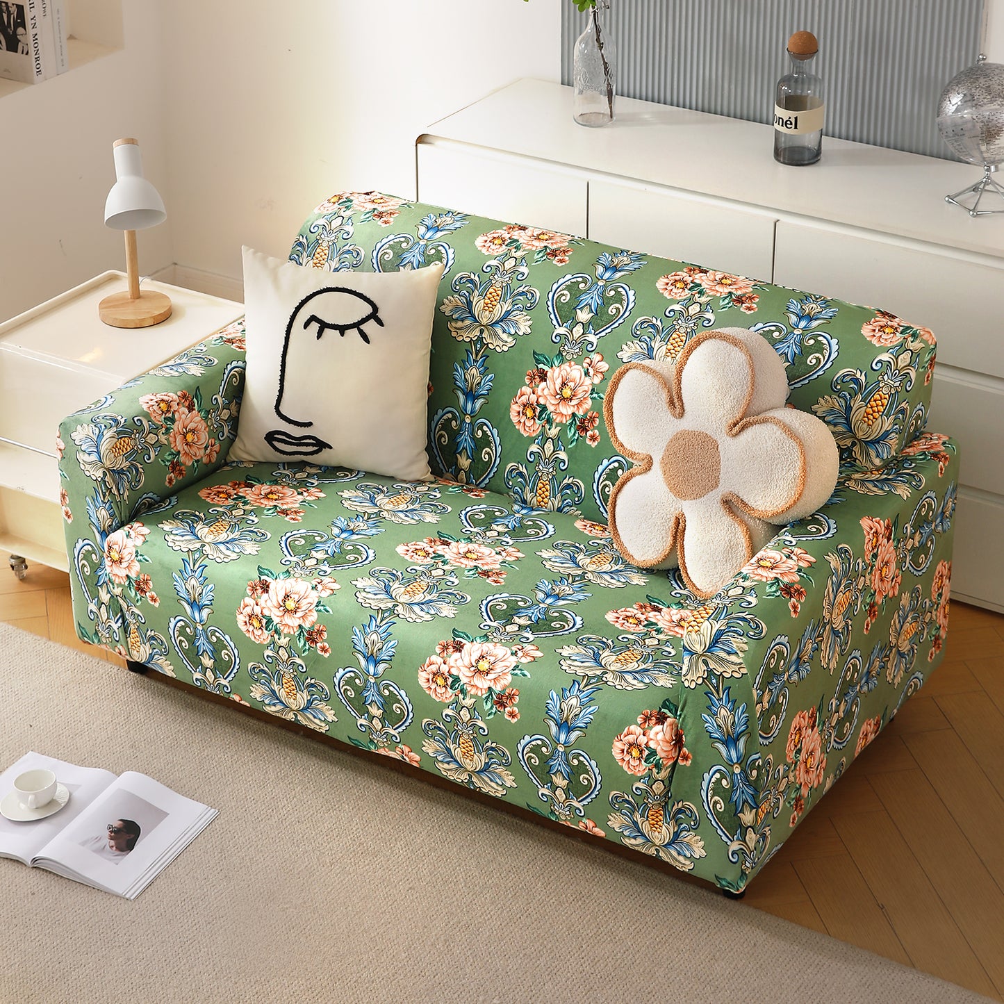 Premium Printed Velvet Sofa Cover 1/2/3 Seaters Fully Covered, Green Victorian Garden