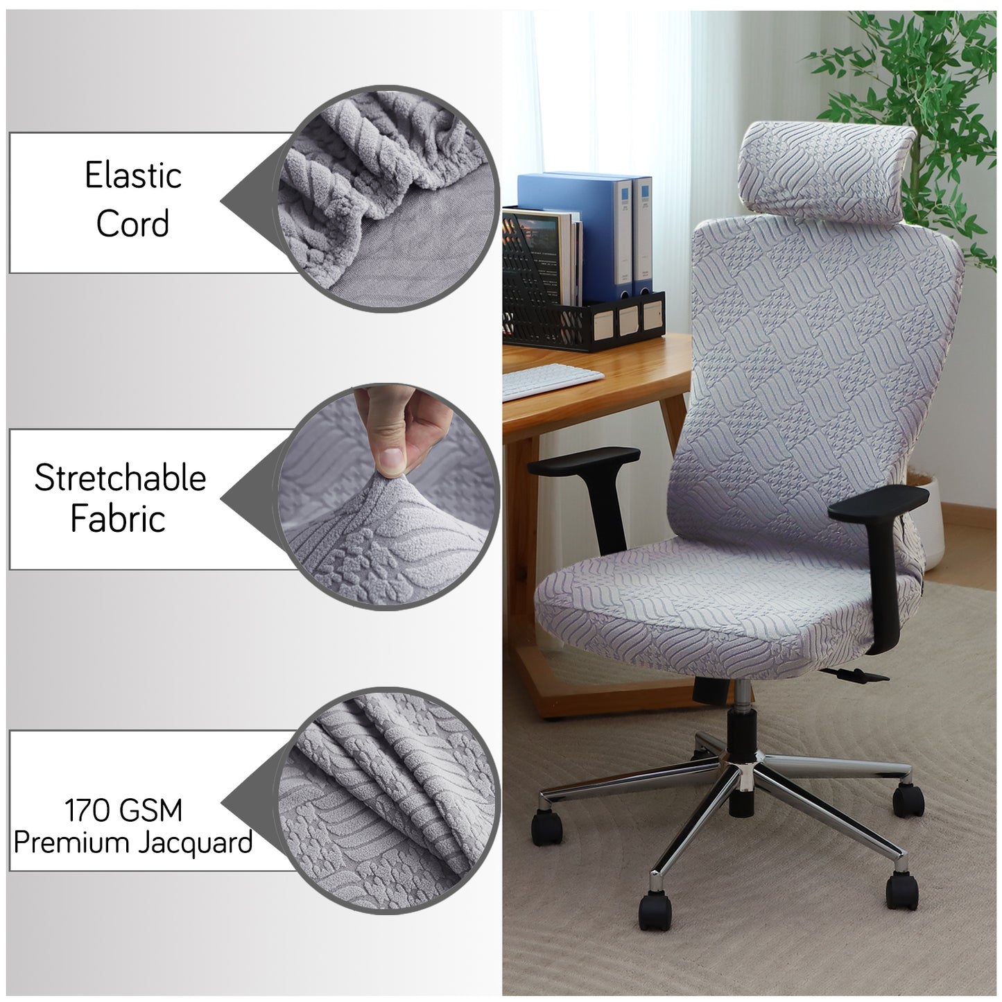 Office Chair Cover with Headrest (High-Back) – 170 GSM Stretch Jacquard – Washable, Anti-Slip Fit for Ergonomic Mesh Office Chairs, Light Grey