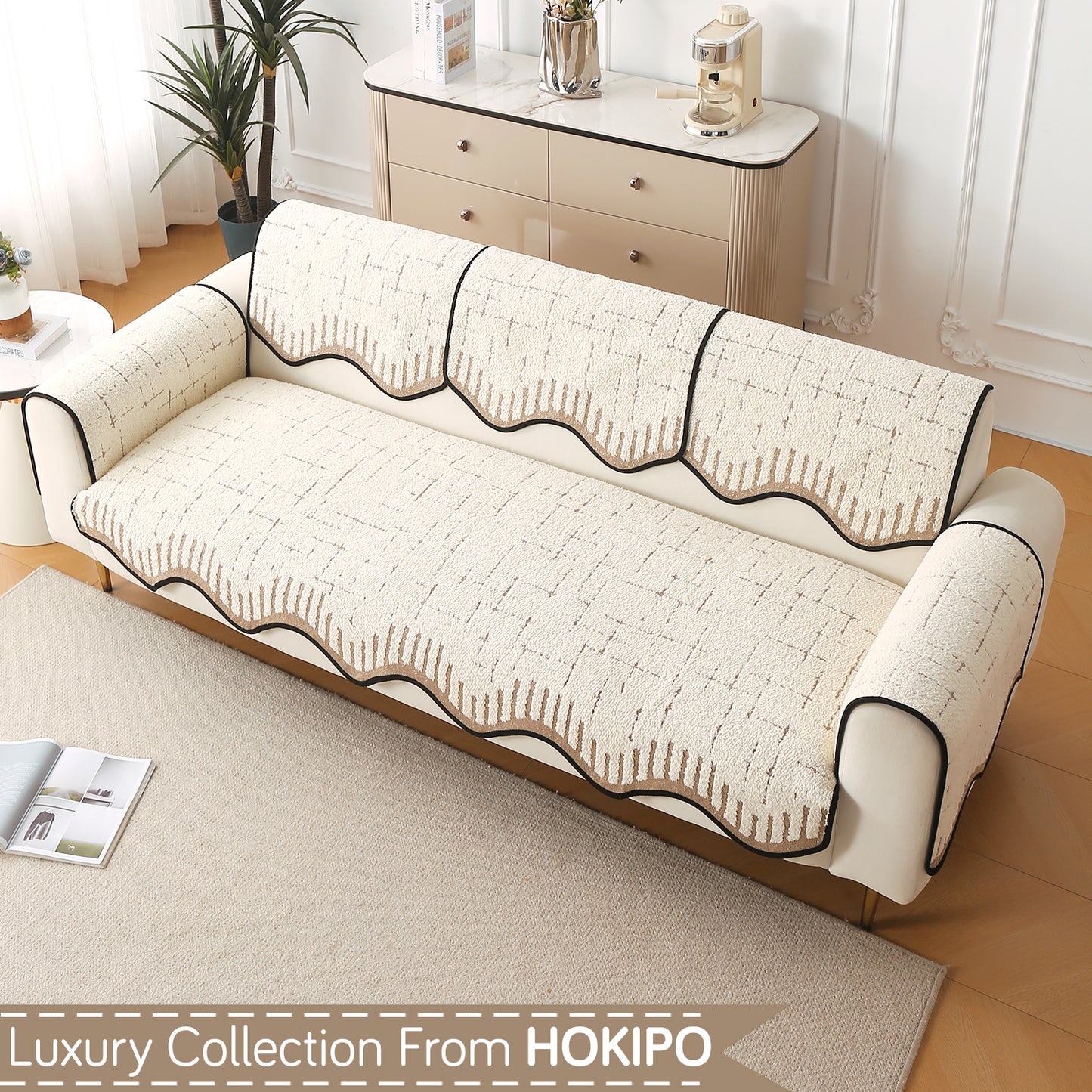 Premium Supple Soft Wavy with Curve Sofa Cover Mat, Cream Brown