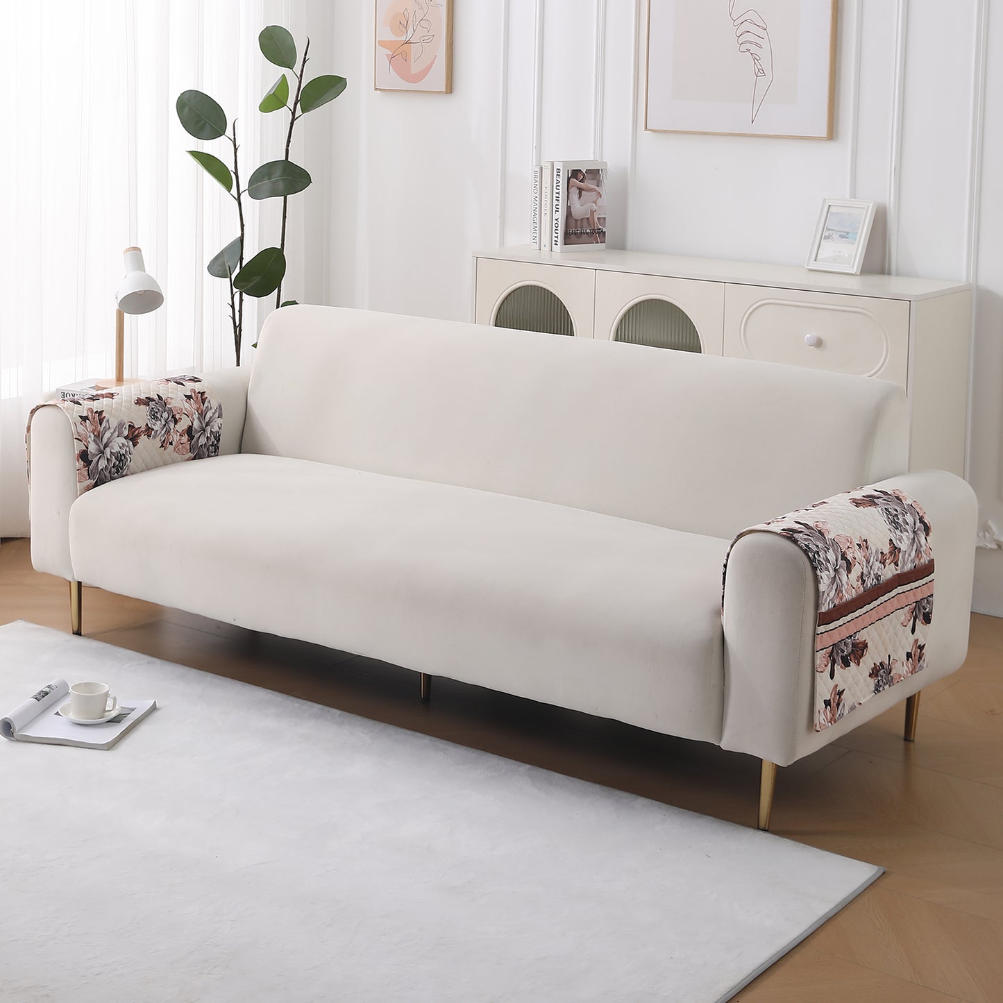 LiefNest Holland Velvet Sofa Cover Mat with Foam Filling - Chrysanthemum Bloom Soft Beige