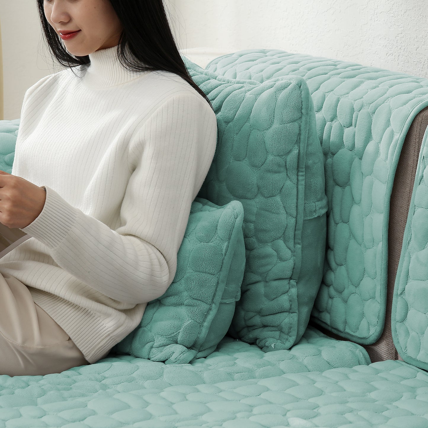 Premium Pebble Milk Velvet Anti Slip Sofa Mat for 1/2/3 Seater, Fog Blue