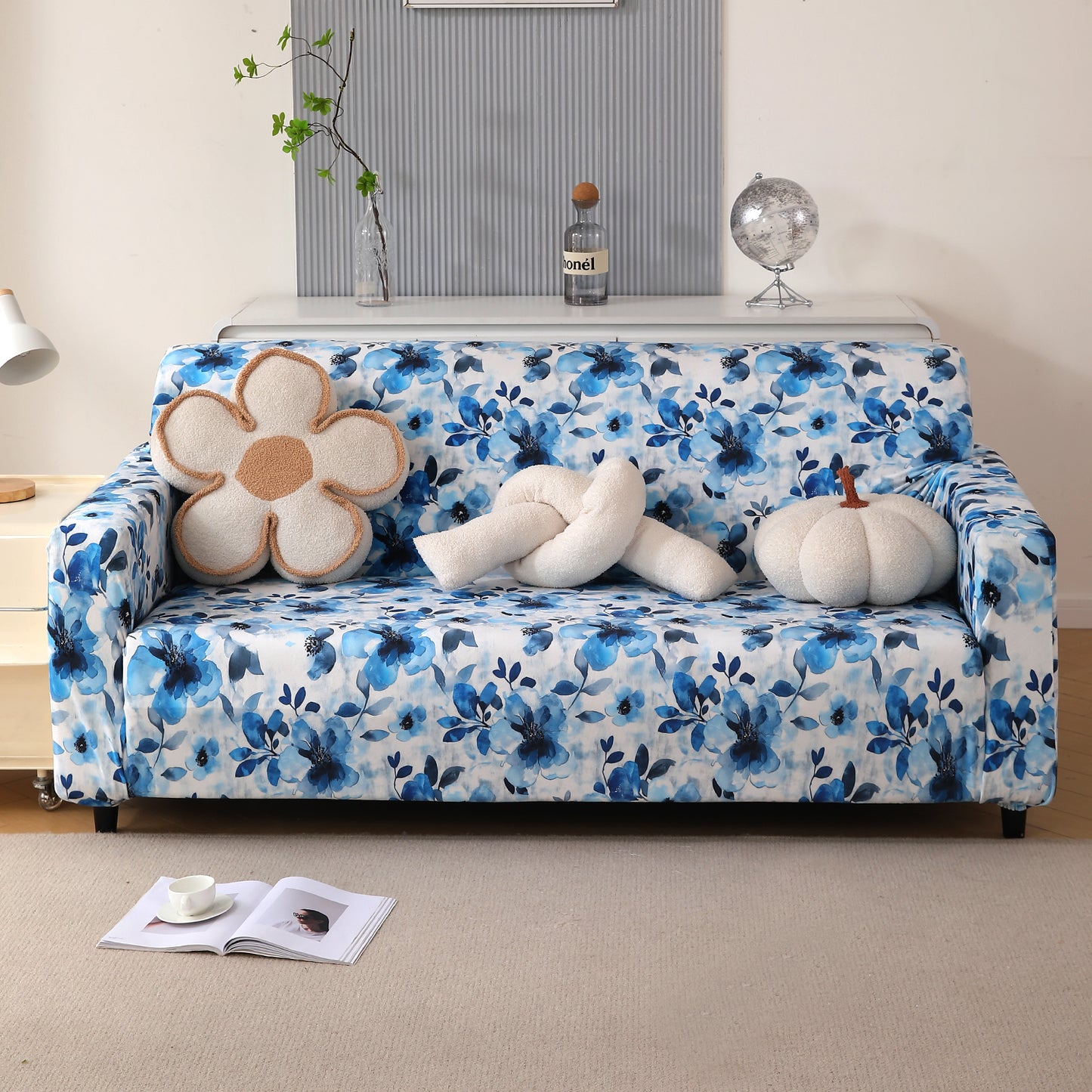 Premium Printed Velvet Sofa Cover 1/2/3 Seaters Fully Covered, Blue Azure Botanical