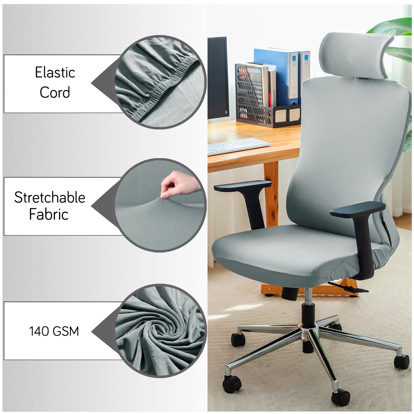 Office Chair Cover with Headrest (High-Back) – 140 GSM Stretch Fabric – Washable, Anti-Slip Fit for Ergonomic Mesh Office Chairs, Smokey Grey