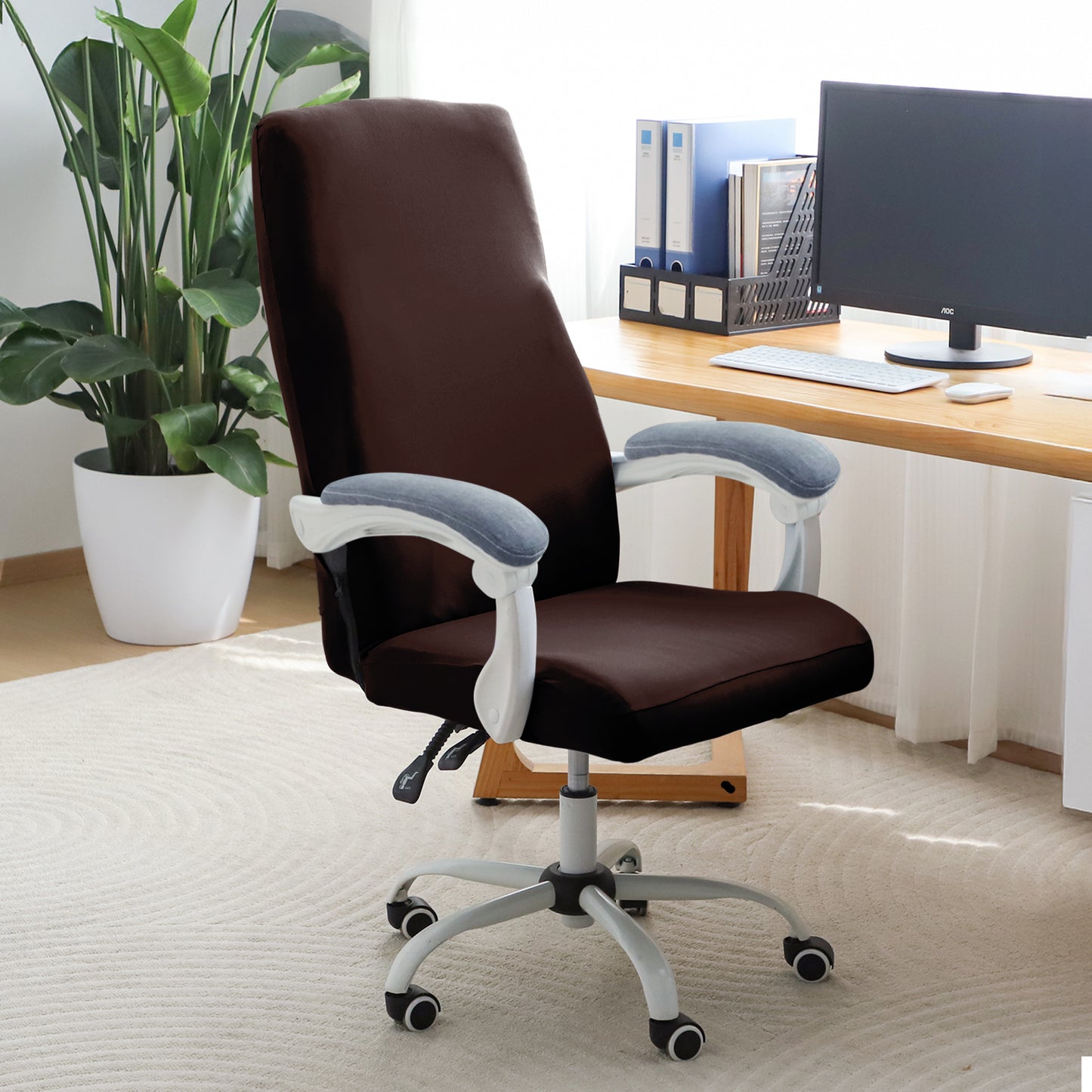 Office Chair Cover for Executive Chair (High-Back) – 140 GSM Stretch Fabric – Washable, Durable & Anti-Slip – Fits High-Back Office Chairs, Brown