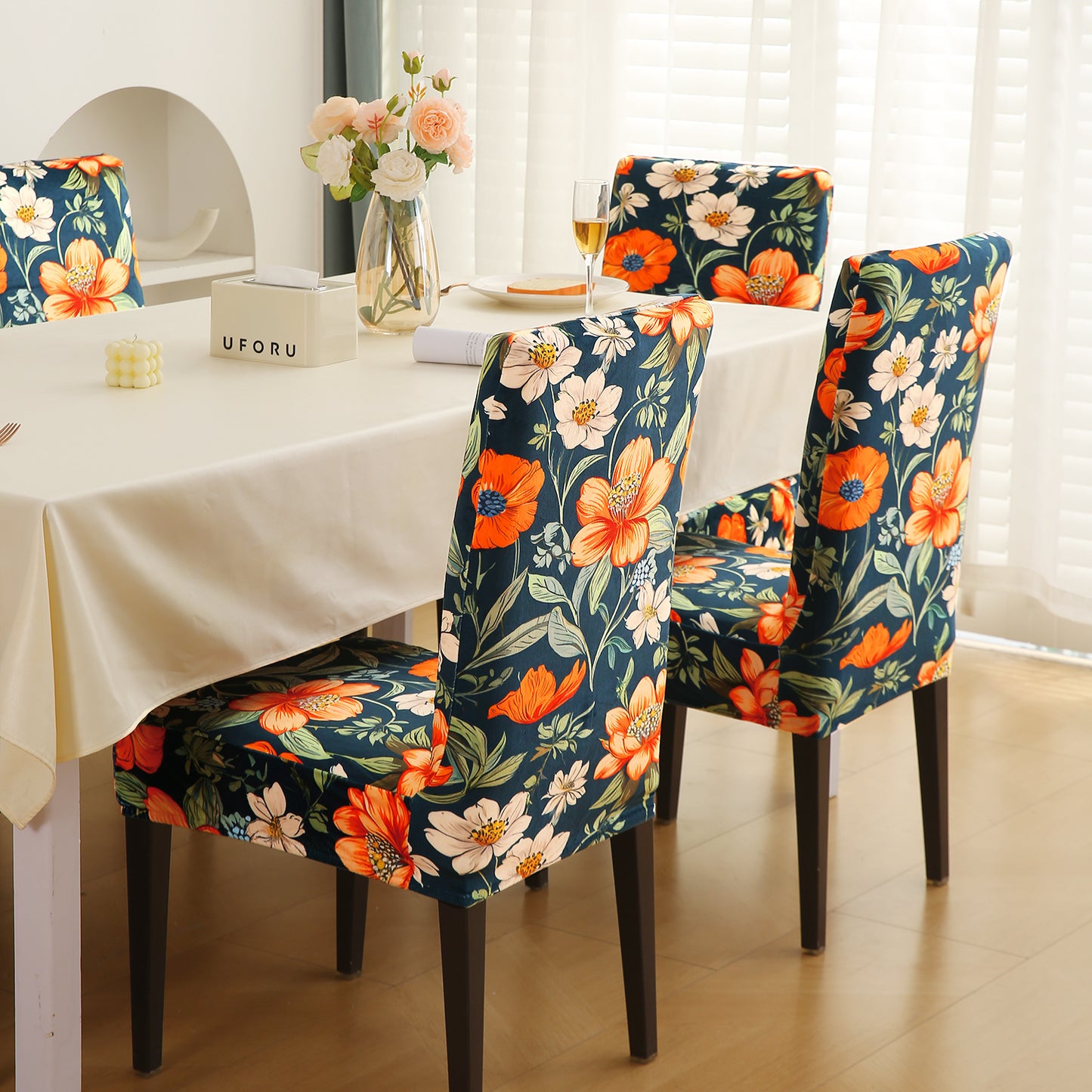 Premium Printed Velvet Dining Chair Cover Set, Teal Twilight Garden