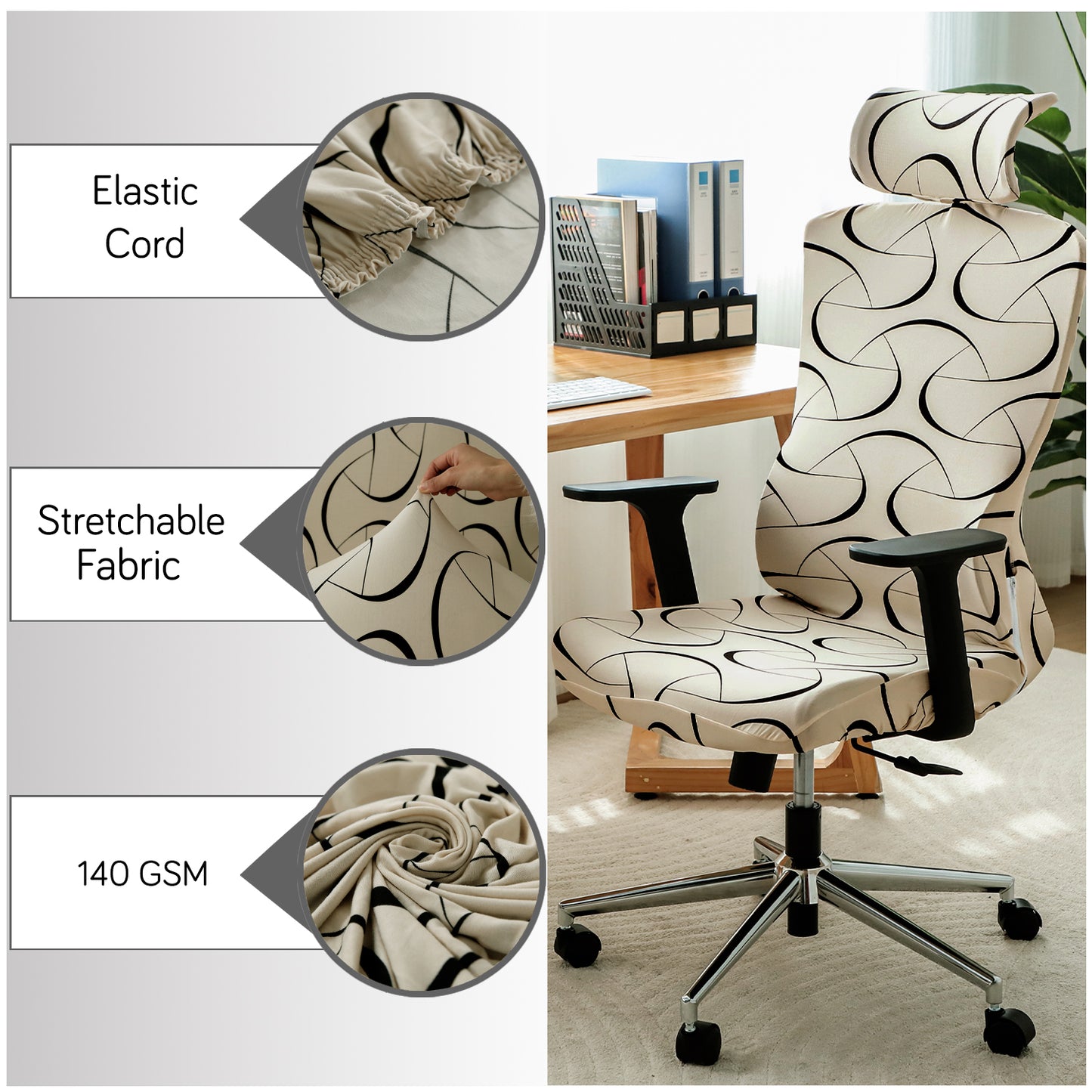 Printed Office Chair Cover with Headrest (High-Back) – 140 GSM Stretch Fabric – Washable, Anti-Slip Fit for Ergonomic Mesh Office Chairs, Natural Beige Abstract Art