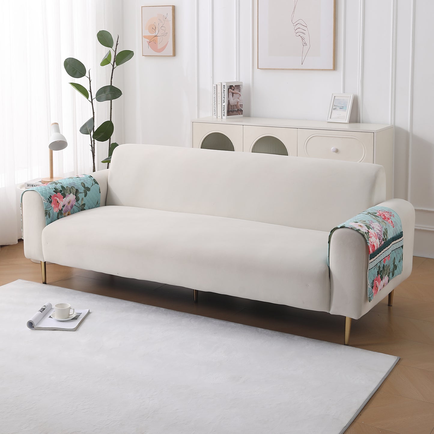 LiefNest Holland Velvet Sofa Cover Mat with Foam Filling - Fresh Floral Pastel Blue